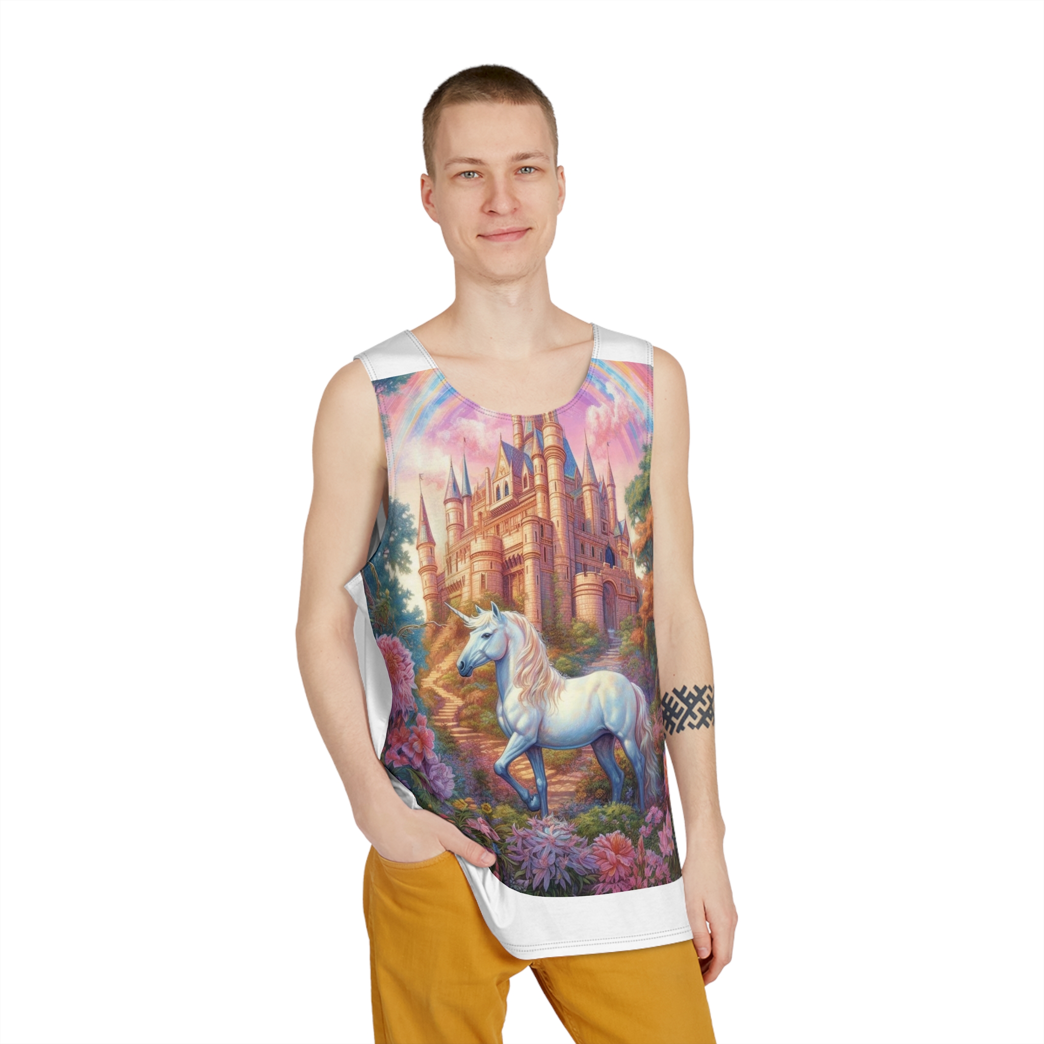 Painting Unicorn Front Castle With Rainbow Generative Ai Mens Tank Aop - Image 3