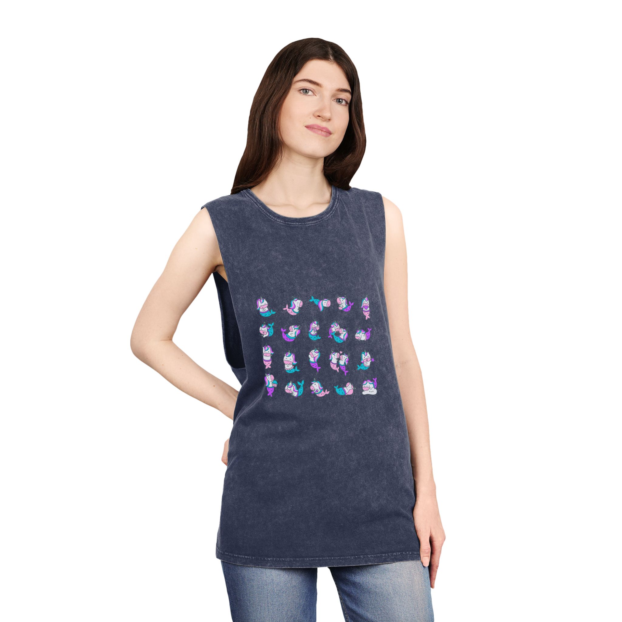 Cute Kawaii Unicorn Mermaid Fantasy Cartoon Characters Hand Drawn Style Unisex Stonewash Tank Top - Image 16