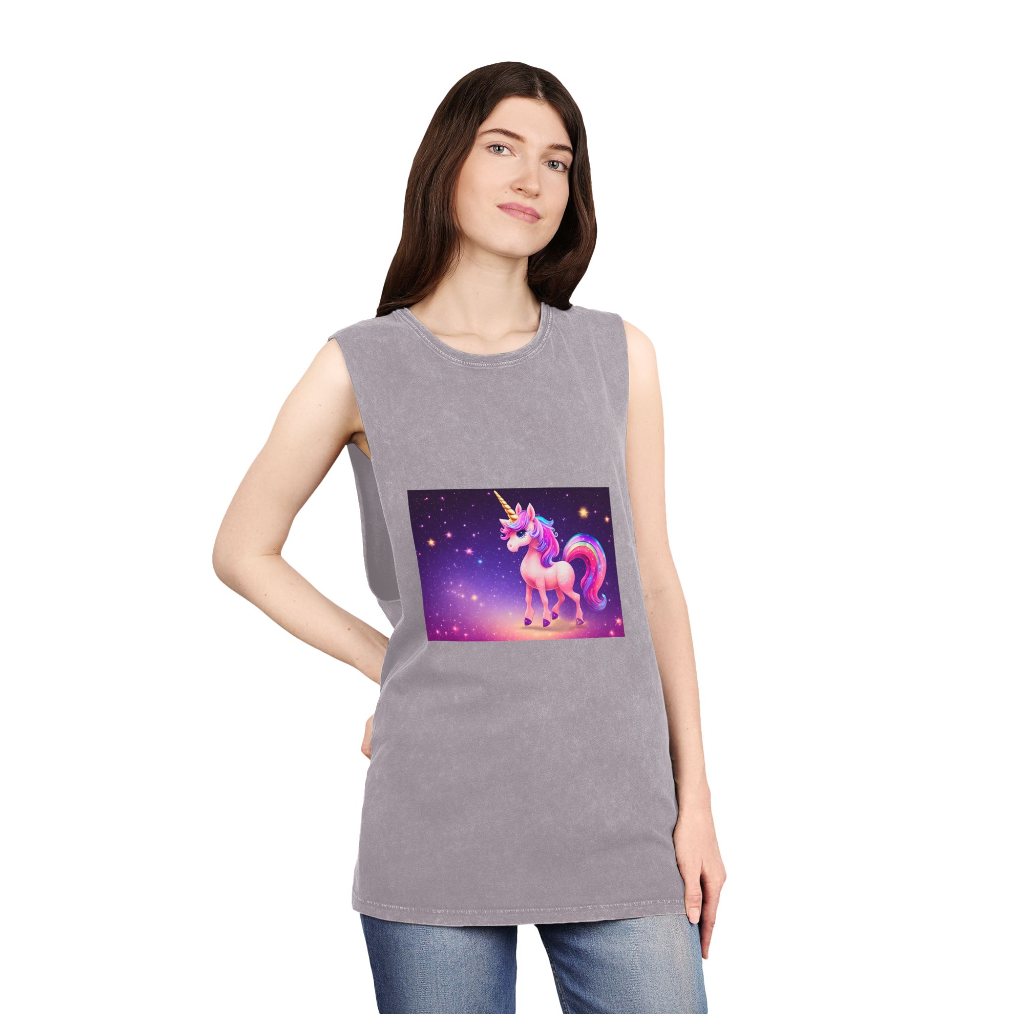 Cute Colorful Magical Adorable Kawaii Unicorn Sparles Violet Background Unisex Stonewash Tank Top - Image 20