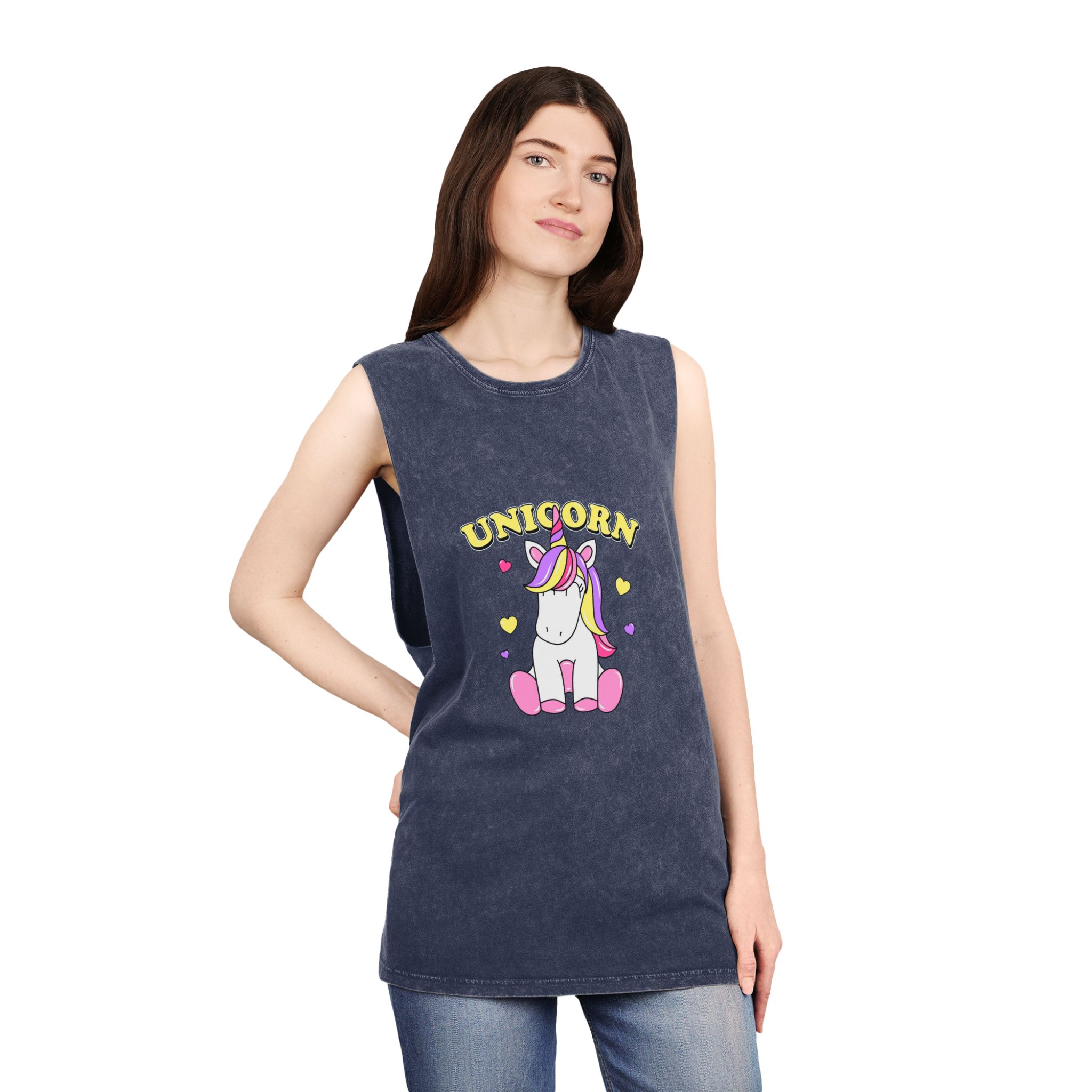 Cute Unicorn With Colorful Hair Hearts Unisex Stonewash Tank Top - Image 16