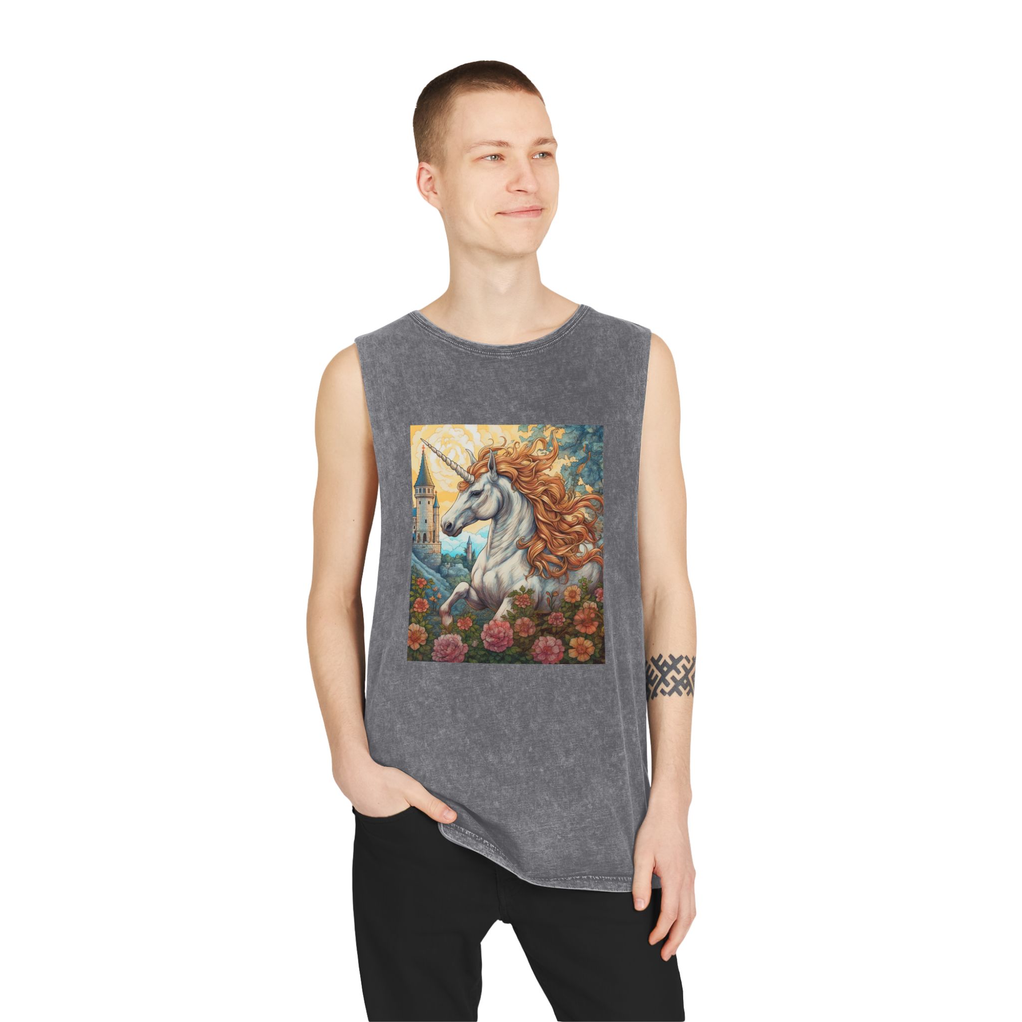 Painting Unicorn With Long Mane Castle Background Generative Ai Unisex Stonewash Tank Top - Image 11