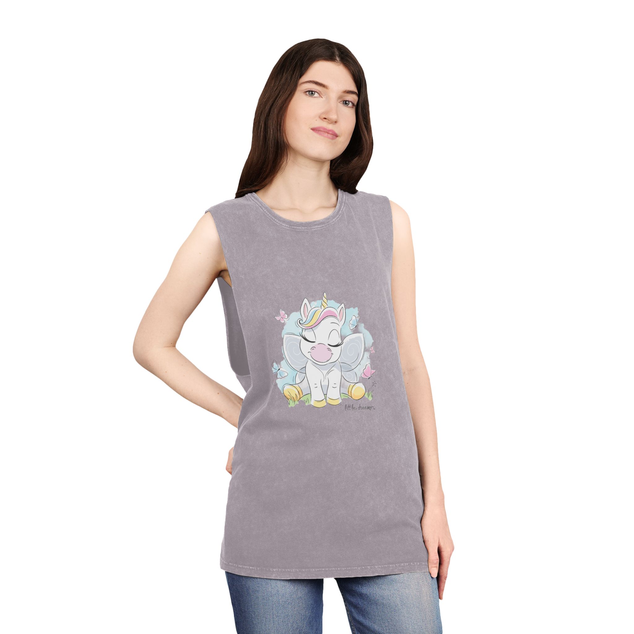 Cute Unicorn Fashion Illustration Drawing In Modern Style For Clothes Little Dreamer Text Unisex Stonewash Tank Top - Image 20