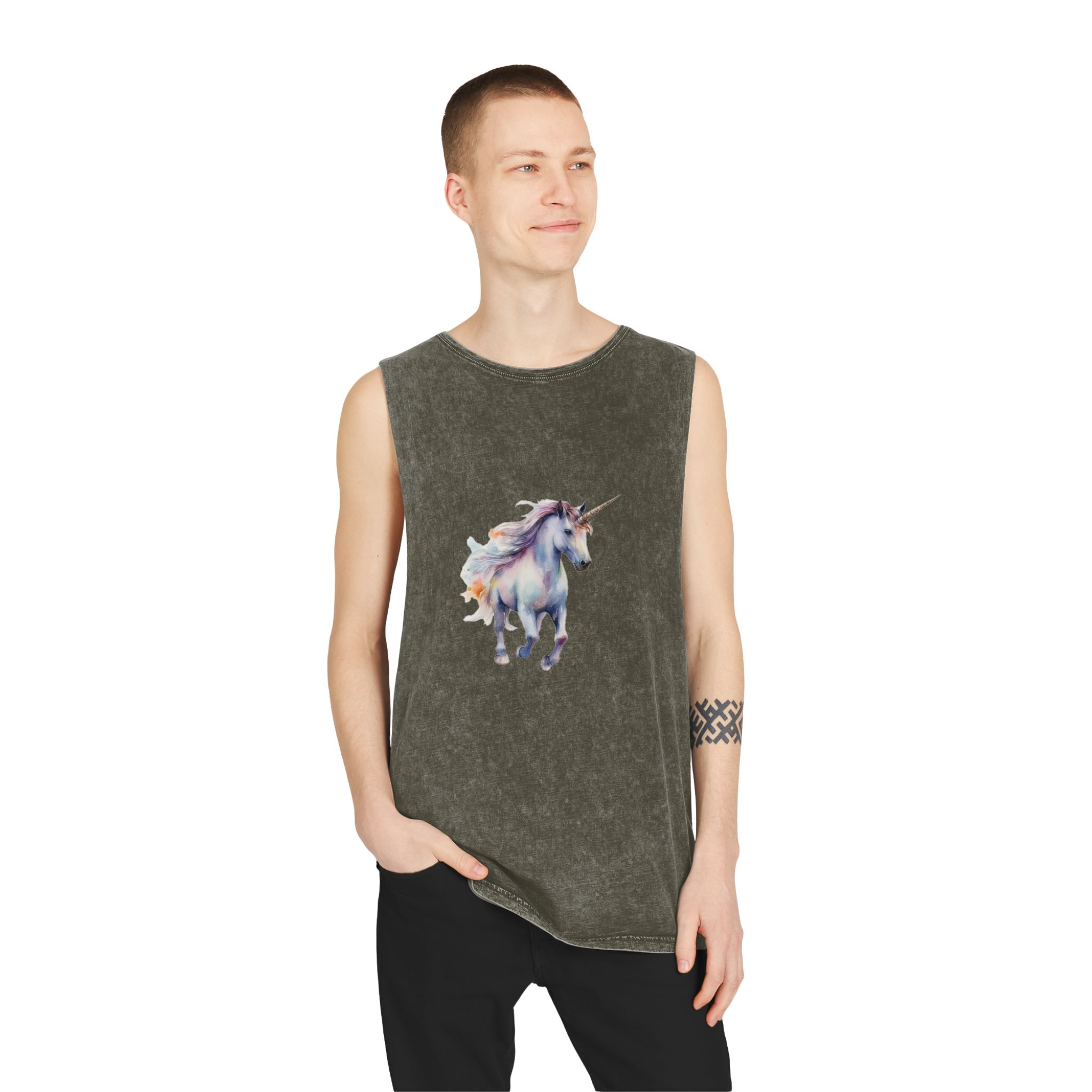Painting Unicorn With Long Mane Colorful Mane Generative Ai (4) Unisex Stonewash Tank Top - Image 7