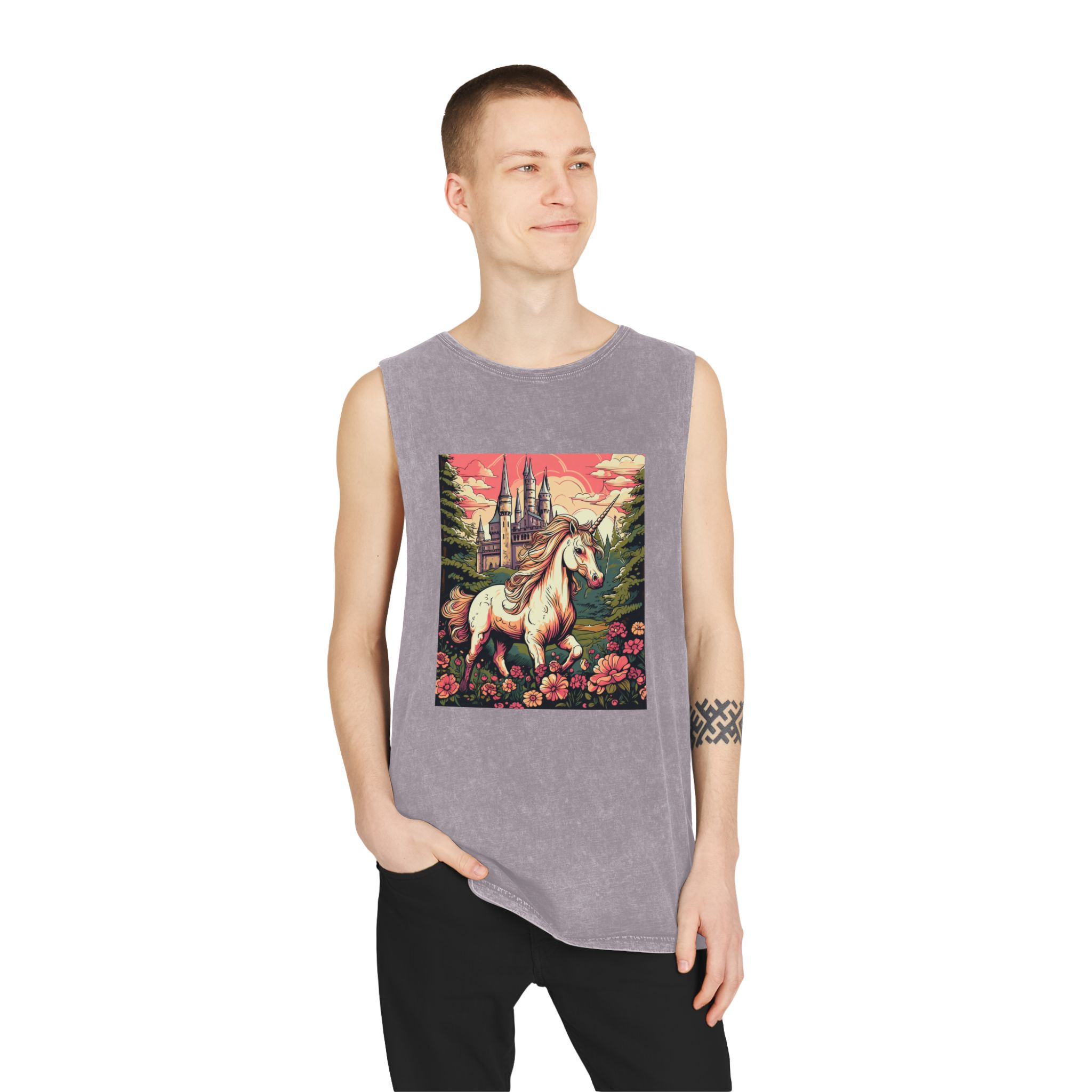 Unicorn Front Castle With Flowers Trees Generative Ai Unisex Stonewash Tank Top - Image 19