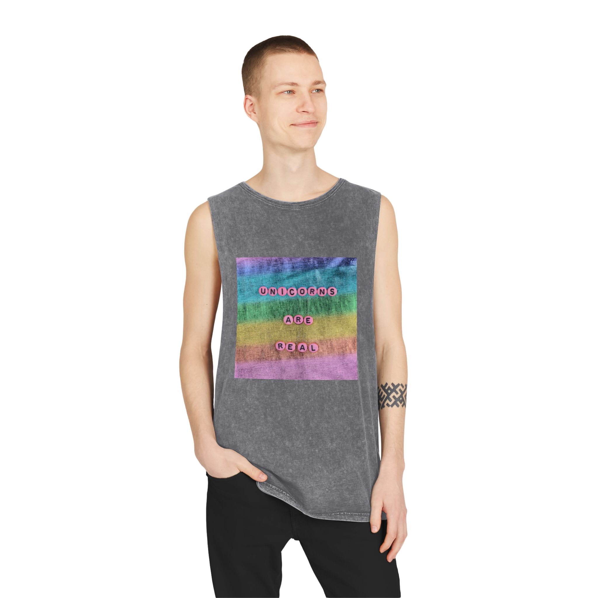 Pink Unicorns Are Real Beads Message Typography Unisex Stonewash Tank Top - Image 11