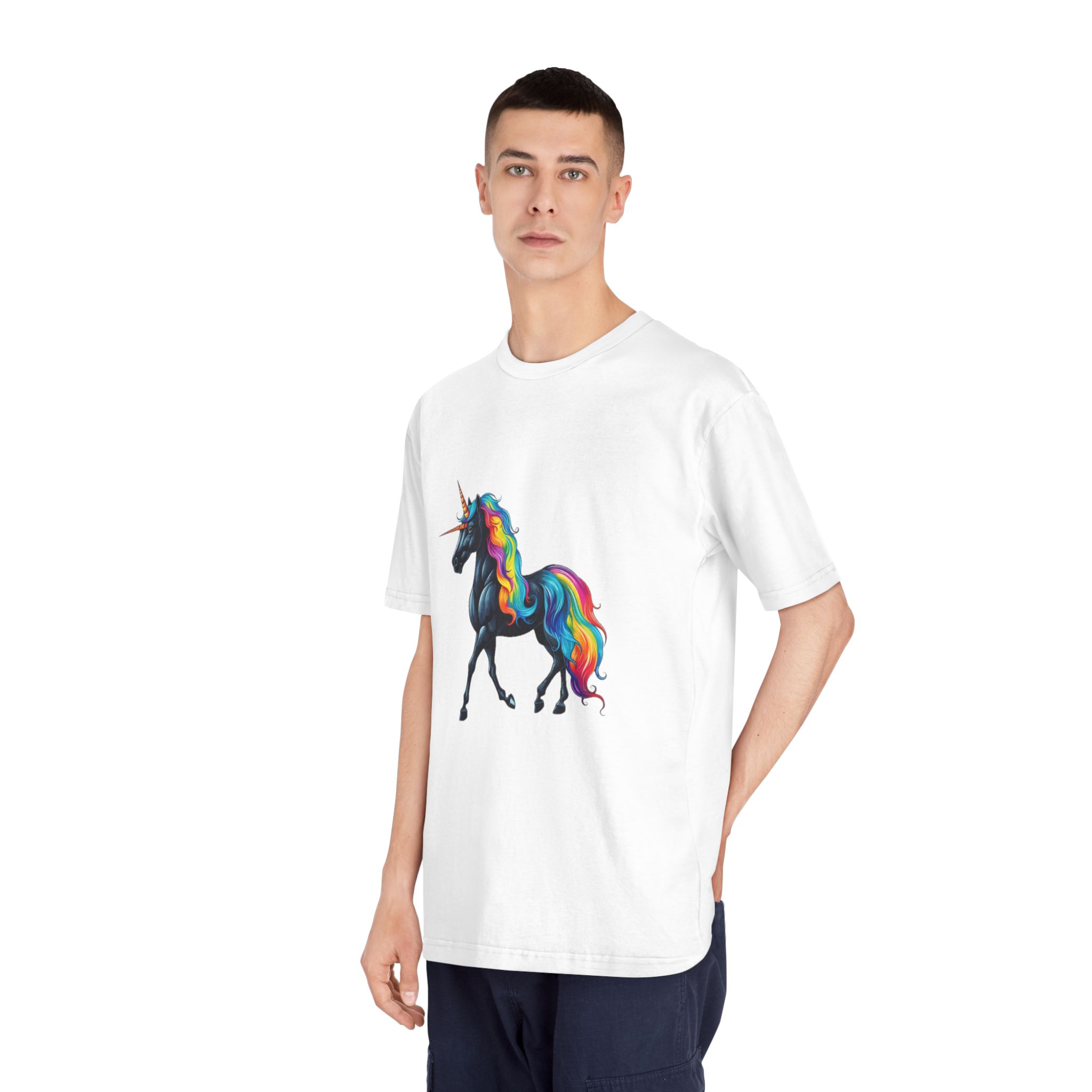 Black Unicorn With Rainbow Mane Horn Generative Ai Unisex Classic Crewneck T Shirt - Image 4