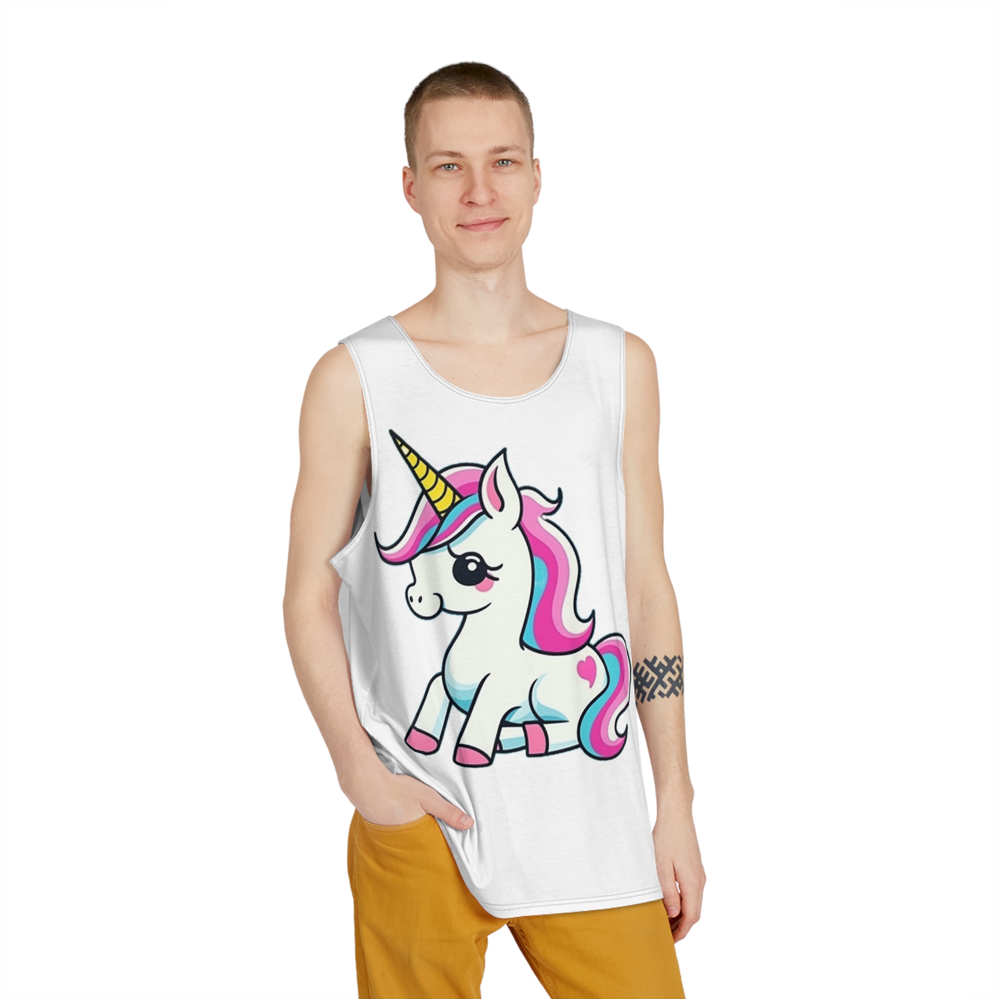 Cartoon Unicorn With Pink Mane Stars Blue Background Generative Ai Mens Tank Aop - Image 3