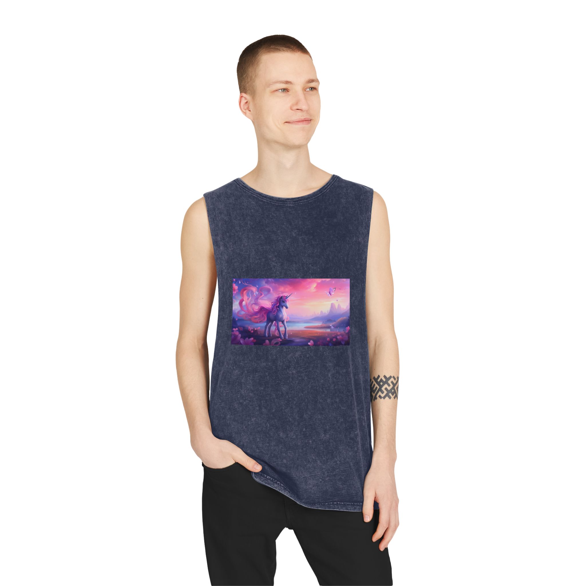 Unicorn Standing Field Flowers With Butterflies Flying Around Generative Ai Unisex Stonewash Tank Top - Image 15