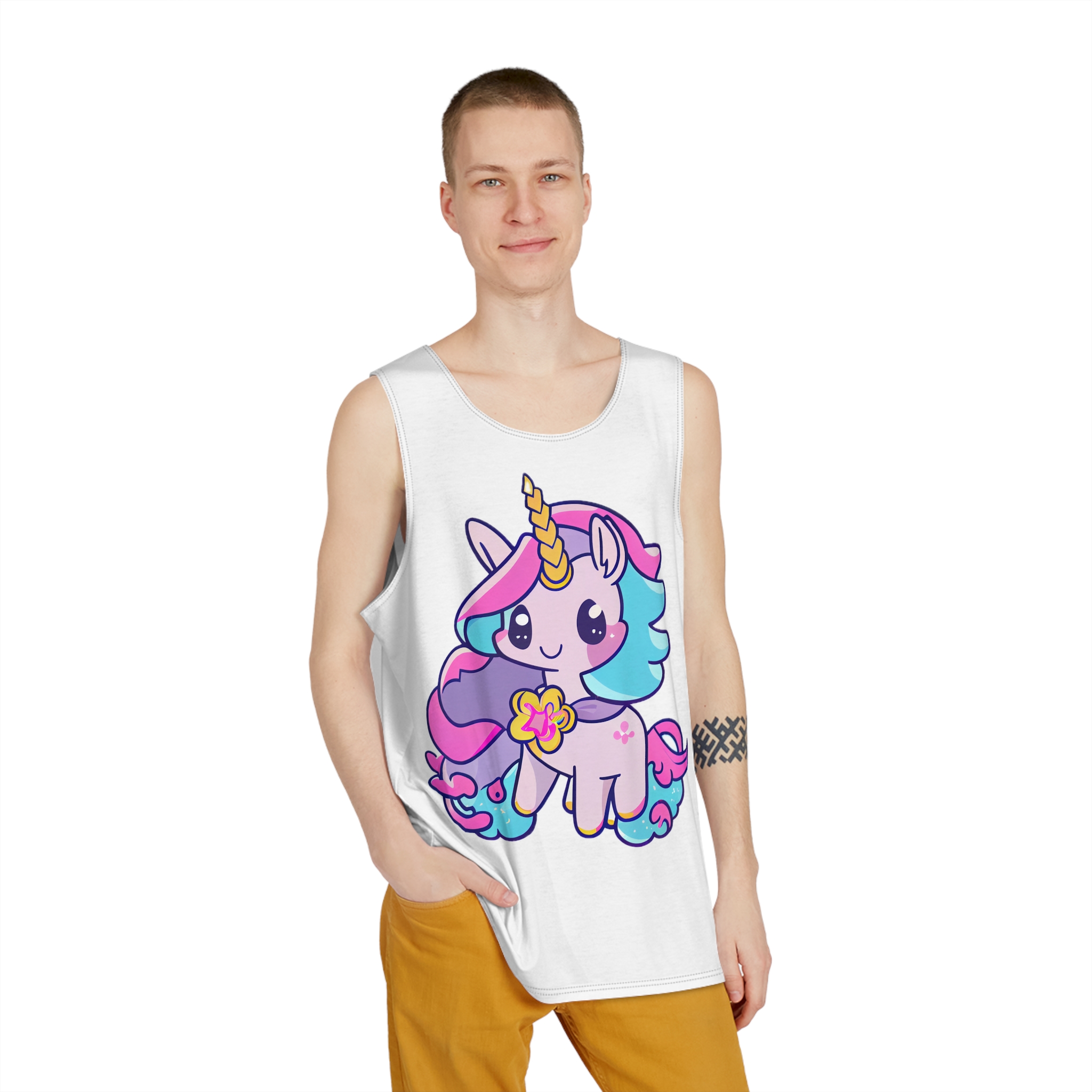 There Is Cartoon Unicorn With Heart Its Chest Generative Ai Mens Tank Aop - Image 3