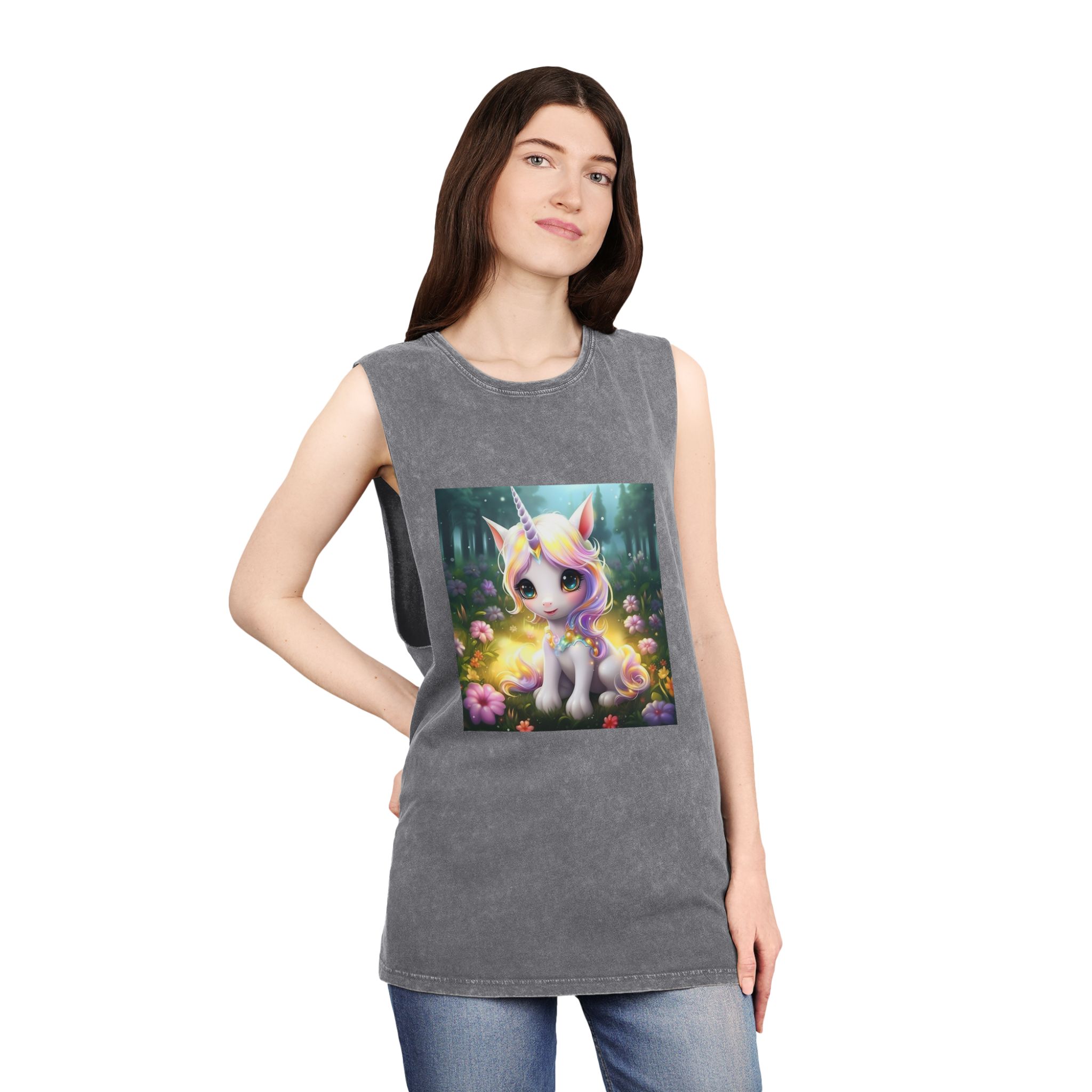 Unicorn Sitting Grass With Flowers Trees Background Generative Ai Unisex Stonewash Tank Top - Image 12