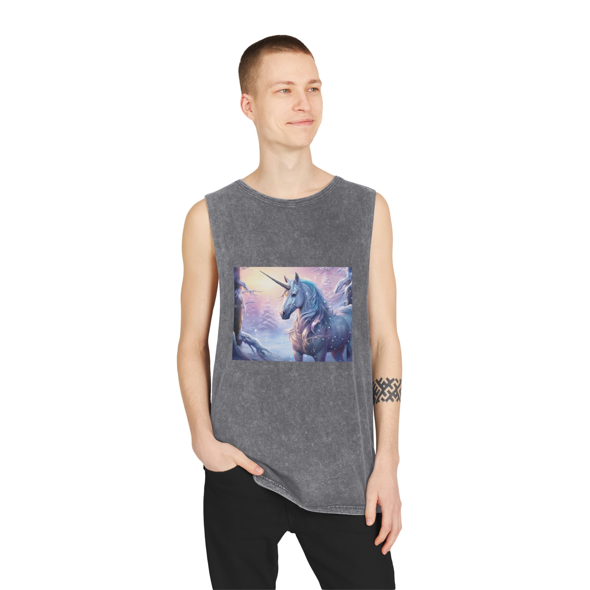 Unicorn Snow With Pink Sky Background Generative Ai Unisex Stonewash Tank Top - Image 11