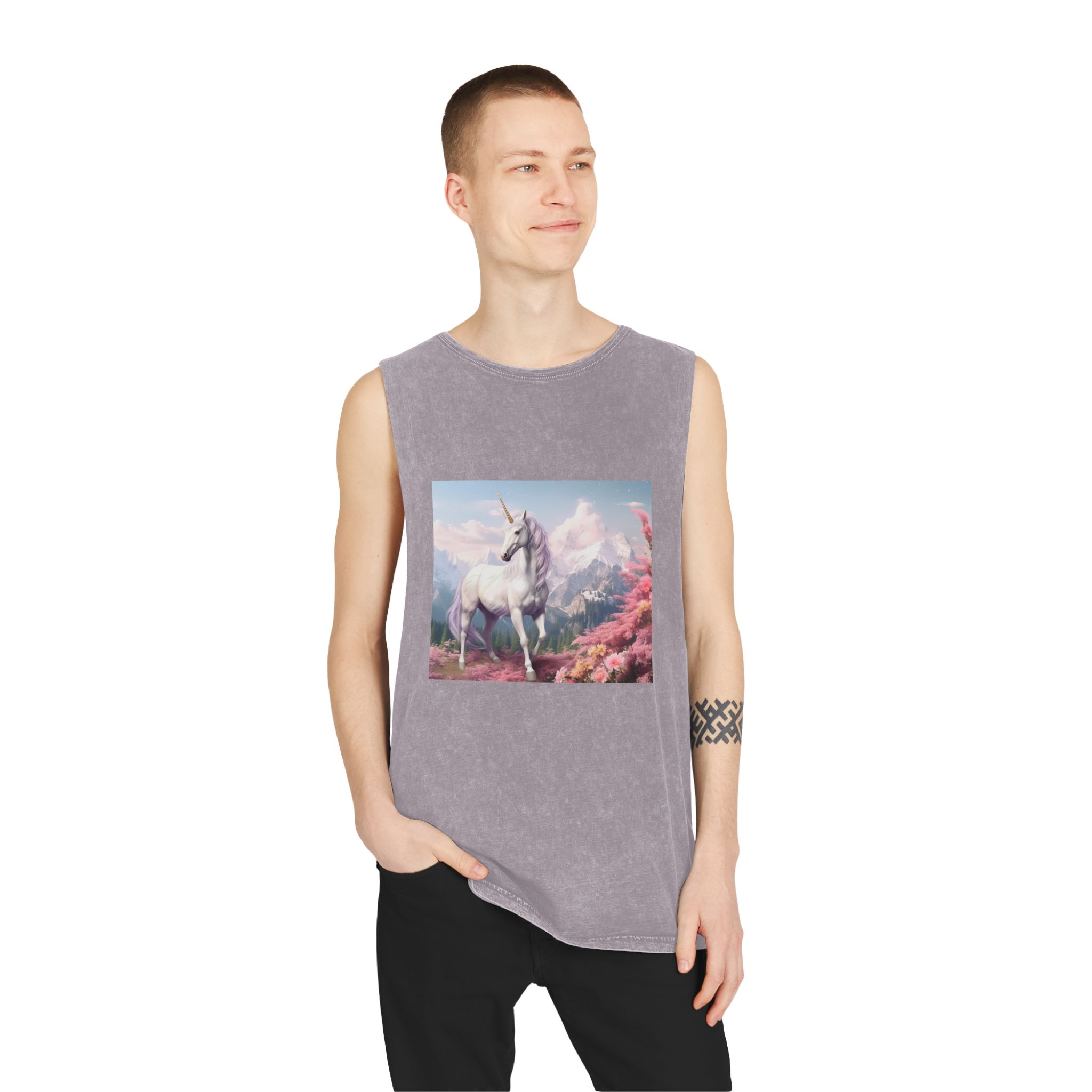 Unicorn Standing Field Flowers With Mountains Background Generative Ai Unisex Stonewash Tank Top - Image 19