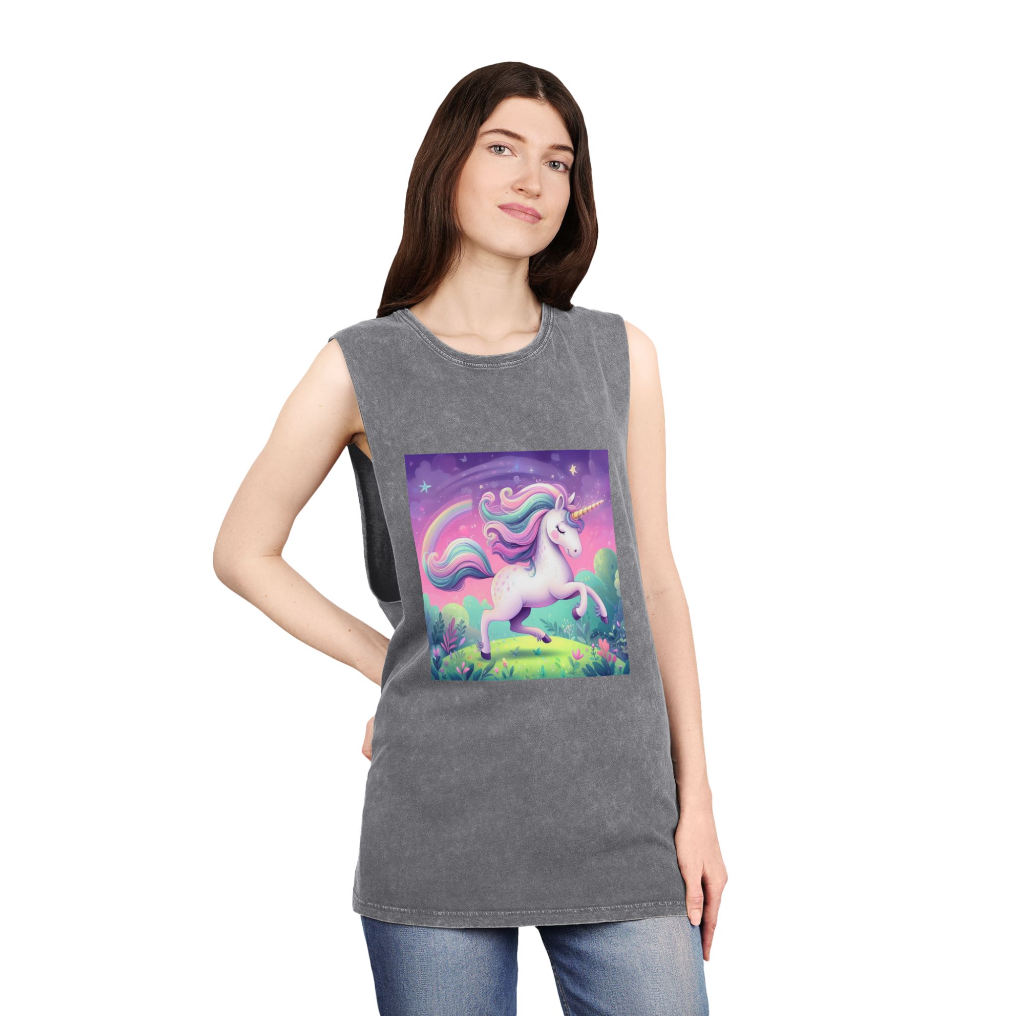 Beautiful Unicorn Running Magical Meadow Unicorn Background Images Whimsical Unicorn (12) Unisex Stonewash Tank Top - Image 12