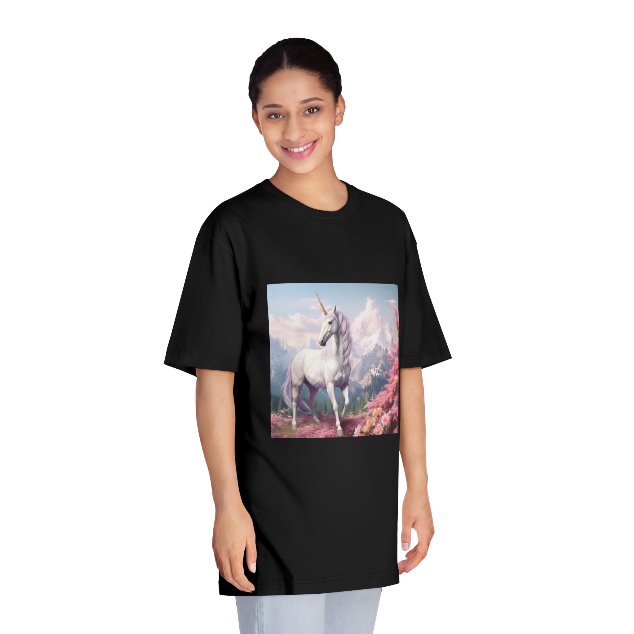Unicorn Standing Field Flowers With Mountains Background Generative Ai Unisex Classic Crewneck T Shirt - Image 7