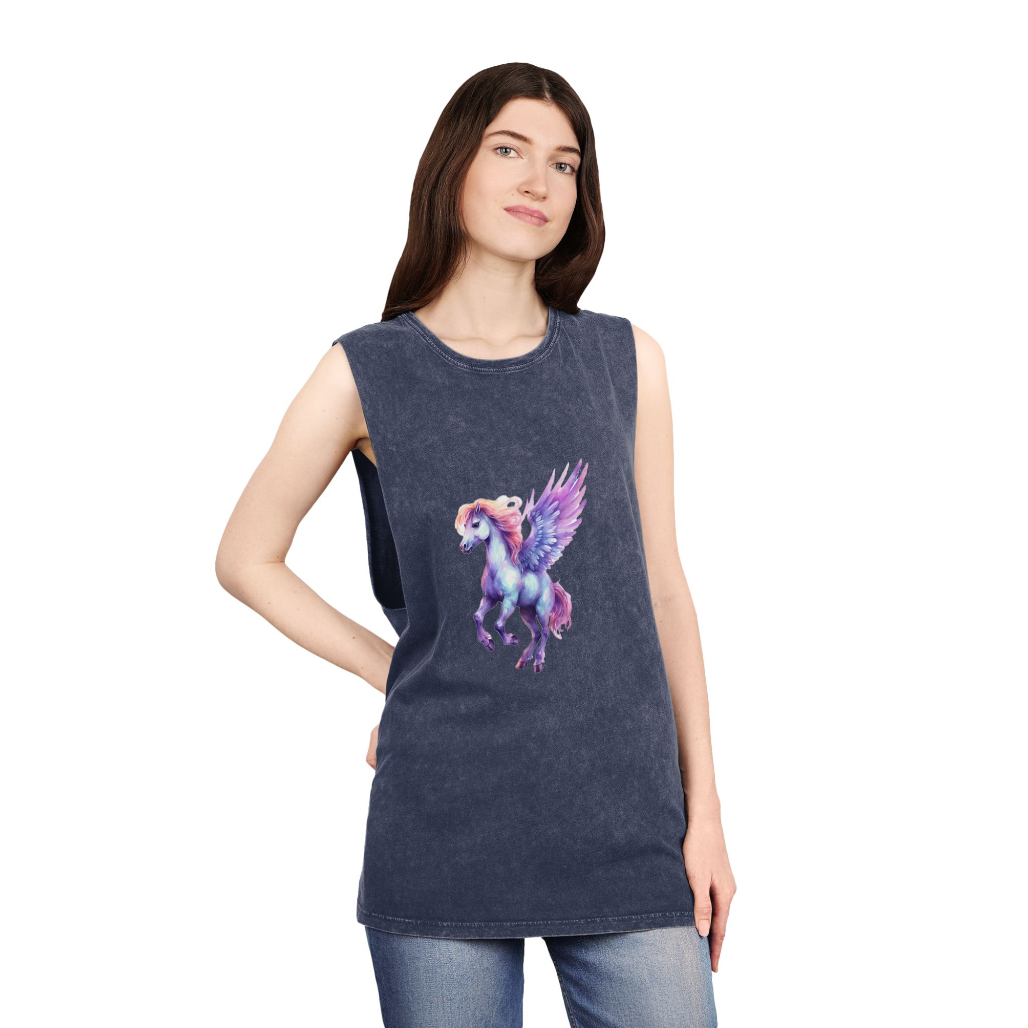 Pegasus Watercolor Clipart Cute Isolated White Background With Generative Ai Technology Unisex Stonewash Tank Top - Image 16