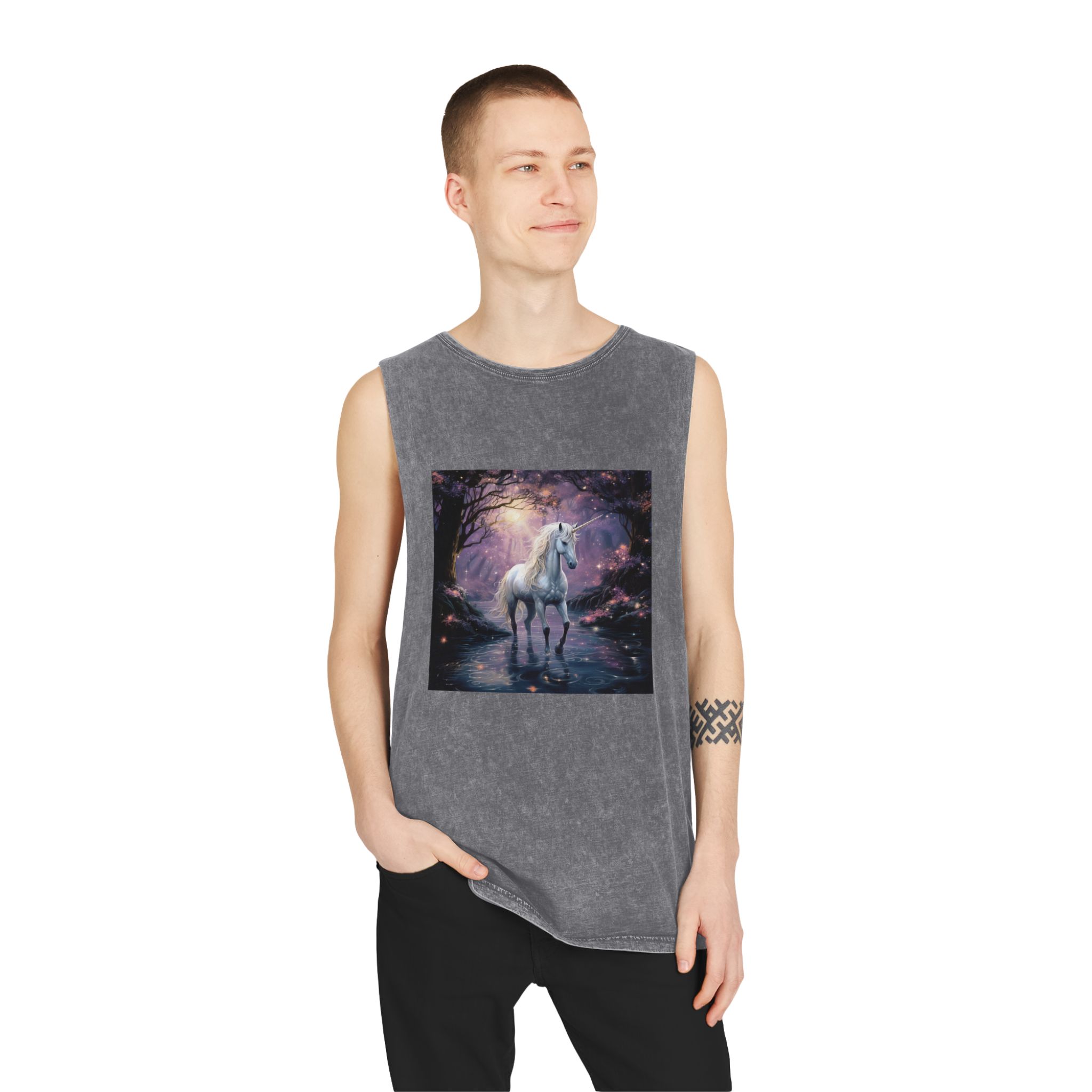 Unicorn Forest With Stream Water Trees Generative Ai Unisex Stonewash Tank Top - Image 11