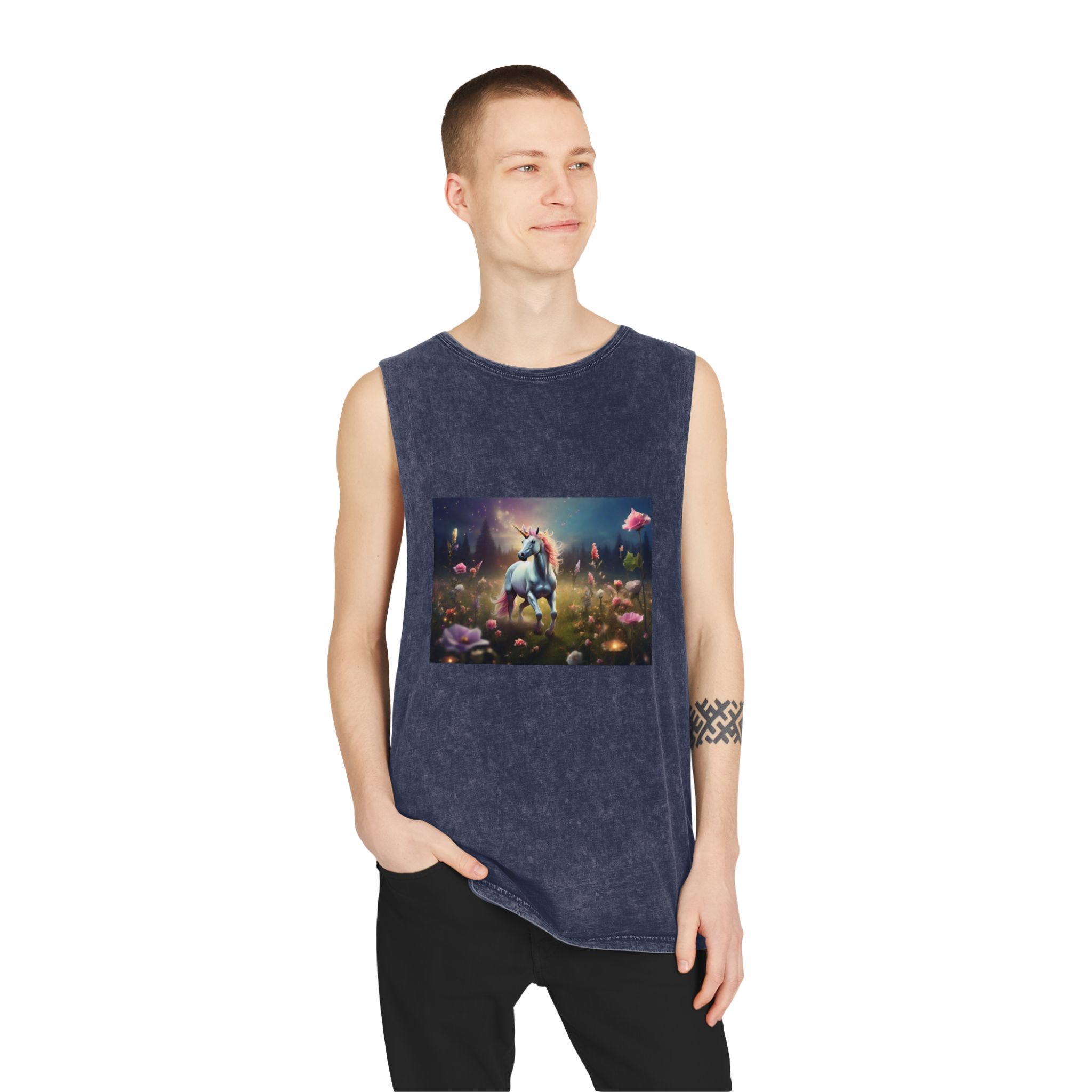 Beautiful Unicorn Running Magical Meadow Unicorn Background Images Whimsical Unicorn (20) Unisex Stonewash Tank Top - Image 15