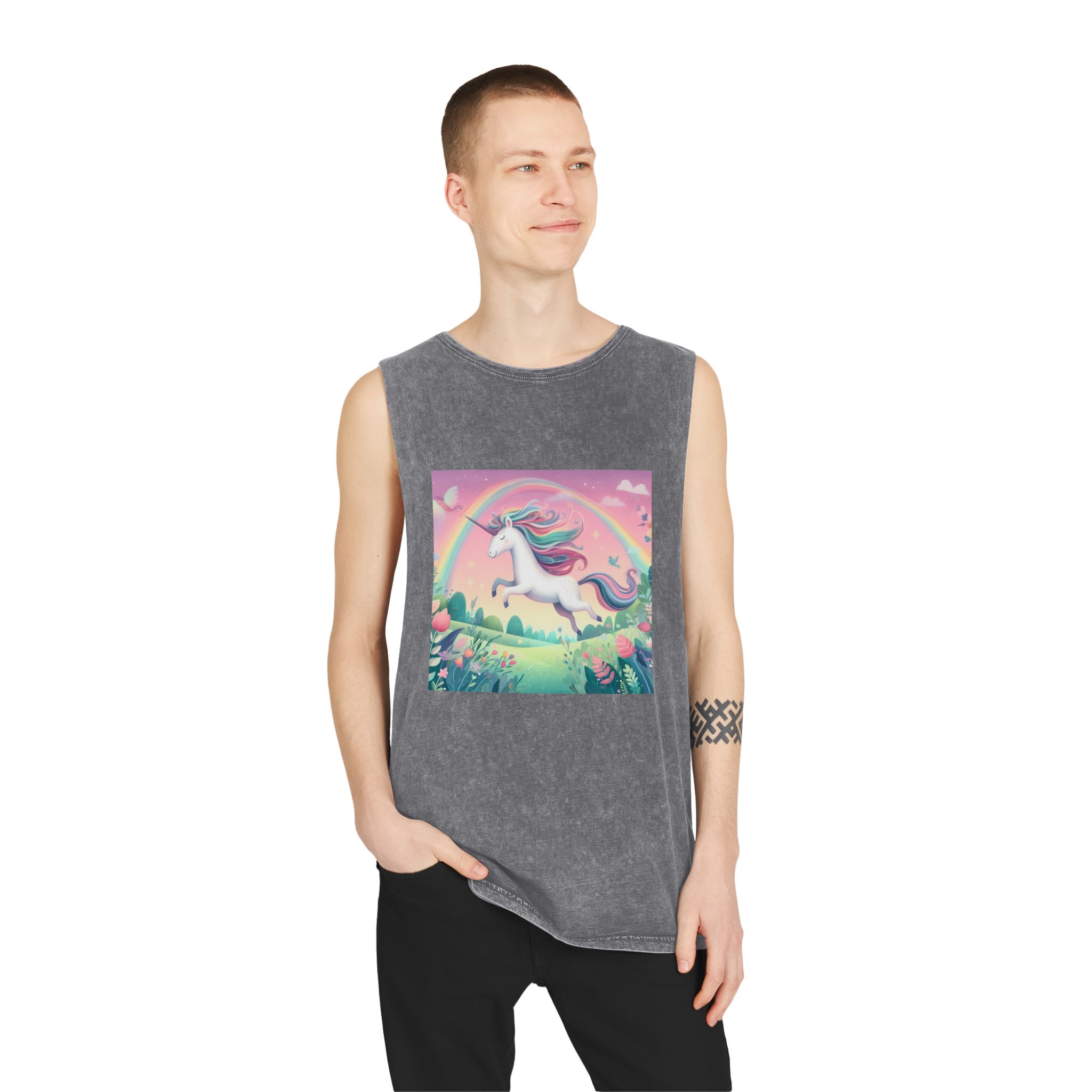 Beautiful Unicorn Running Magical Meadow Unicorn Background Images Whimsical Unicorn (9) Unisex Stonewash Tank Top - Image 11