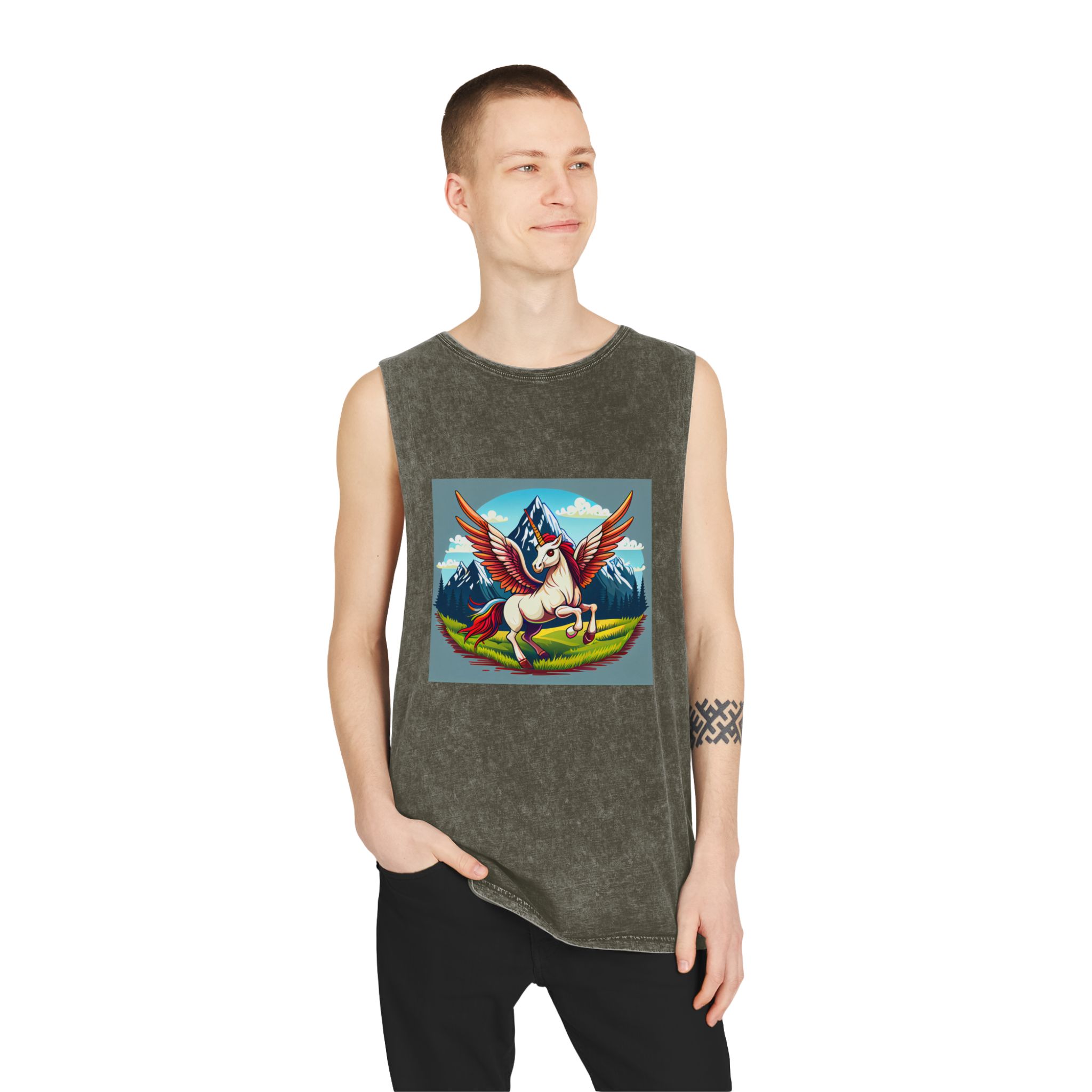 Cartoon Unicorn With Rainbow Wings Top Mountain Background Generative Ai Unisex Stonewash Tank Top - Image 7