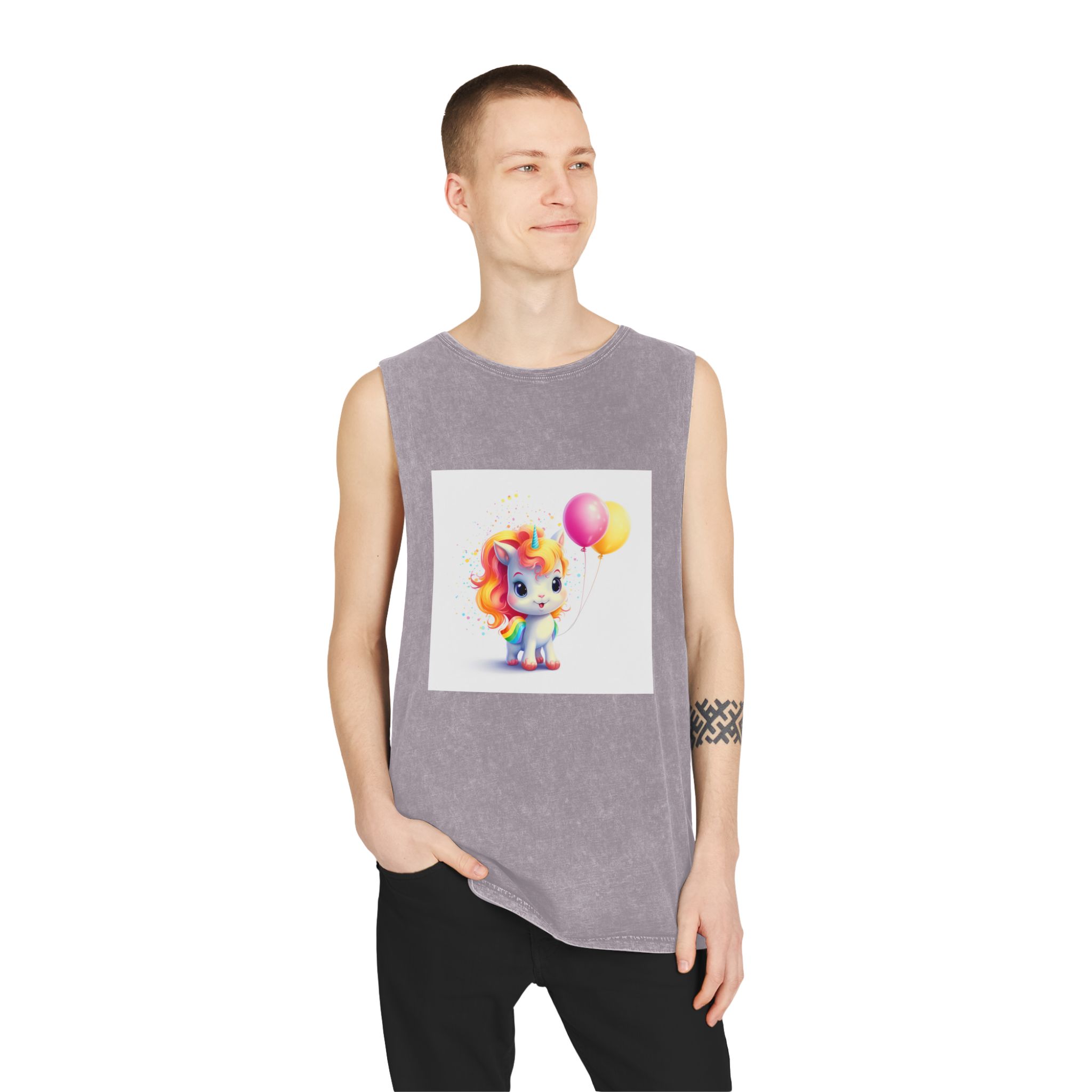 Cartoon Unicorn With Rainbow Mane Balloon Generative Ai (1) Unisex Stonewash Tank Top - Image 19