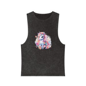 Cute Colorful Magic Unicorn With Flowers Watercolor Style (2) Unisex Stonewash Tank Top