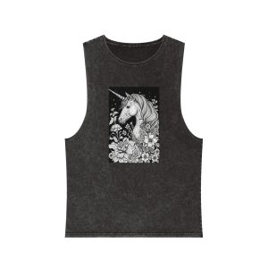 Unicorn Fantastic Vintage Flowers Style Black Background Generative Ai Unisex Stonewash Tank Top