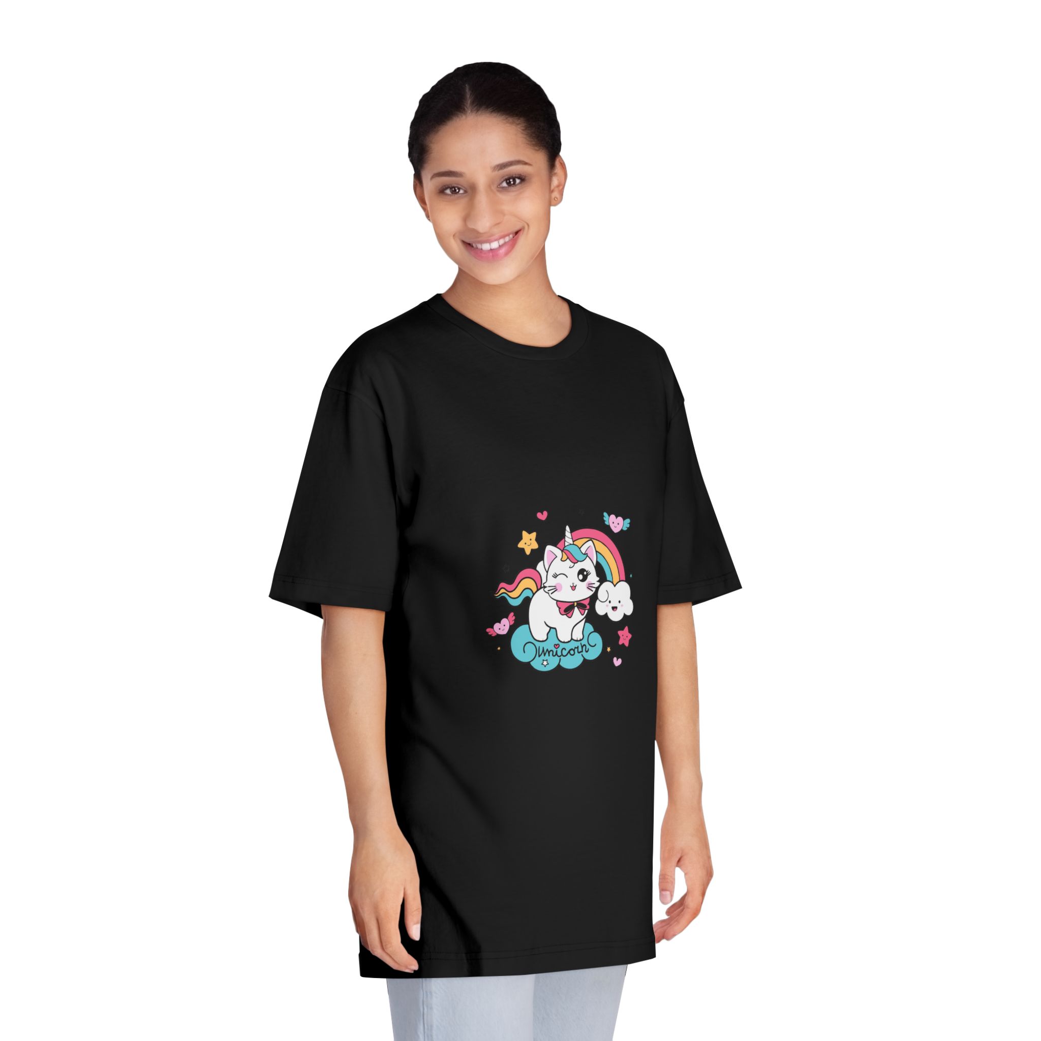 Cute Unicorn Cat With Rainbow Clouds Illustration Unisex Classic Crewneck T Shirt - Image 7