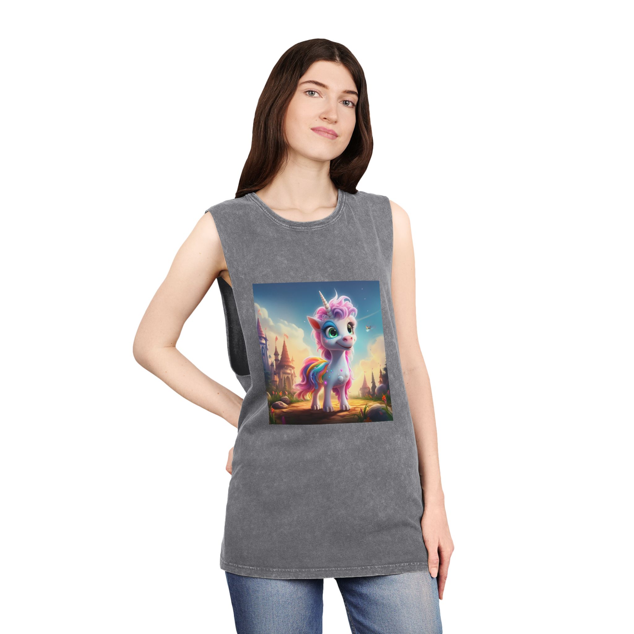 Unicorn Standing Rock Front Castle Generative Ai Unisex Stonewash Tank Top - Image 12