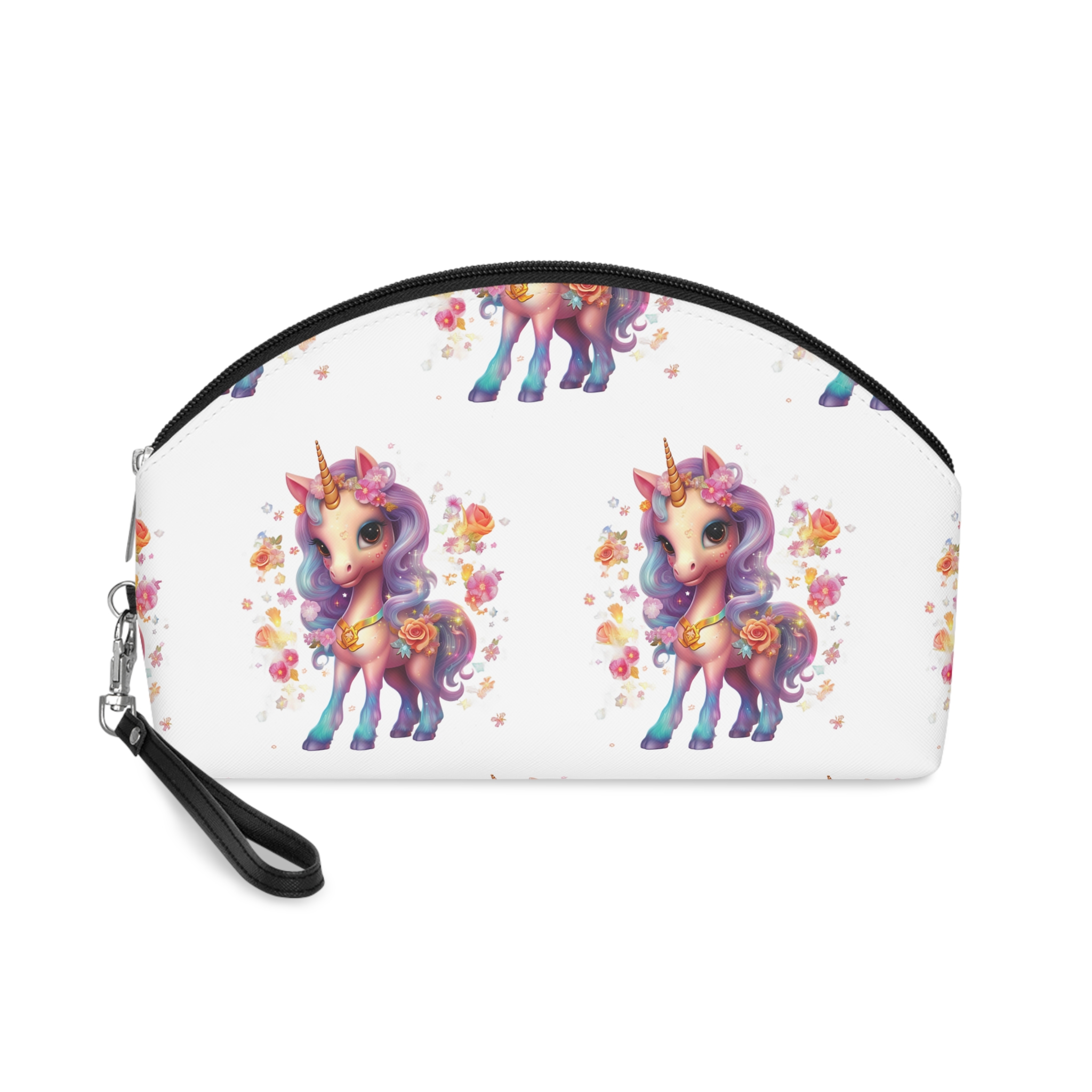Illustration Unicorn Cartoon With Flower White Background Generative Ai (1) Makeup Bag