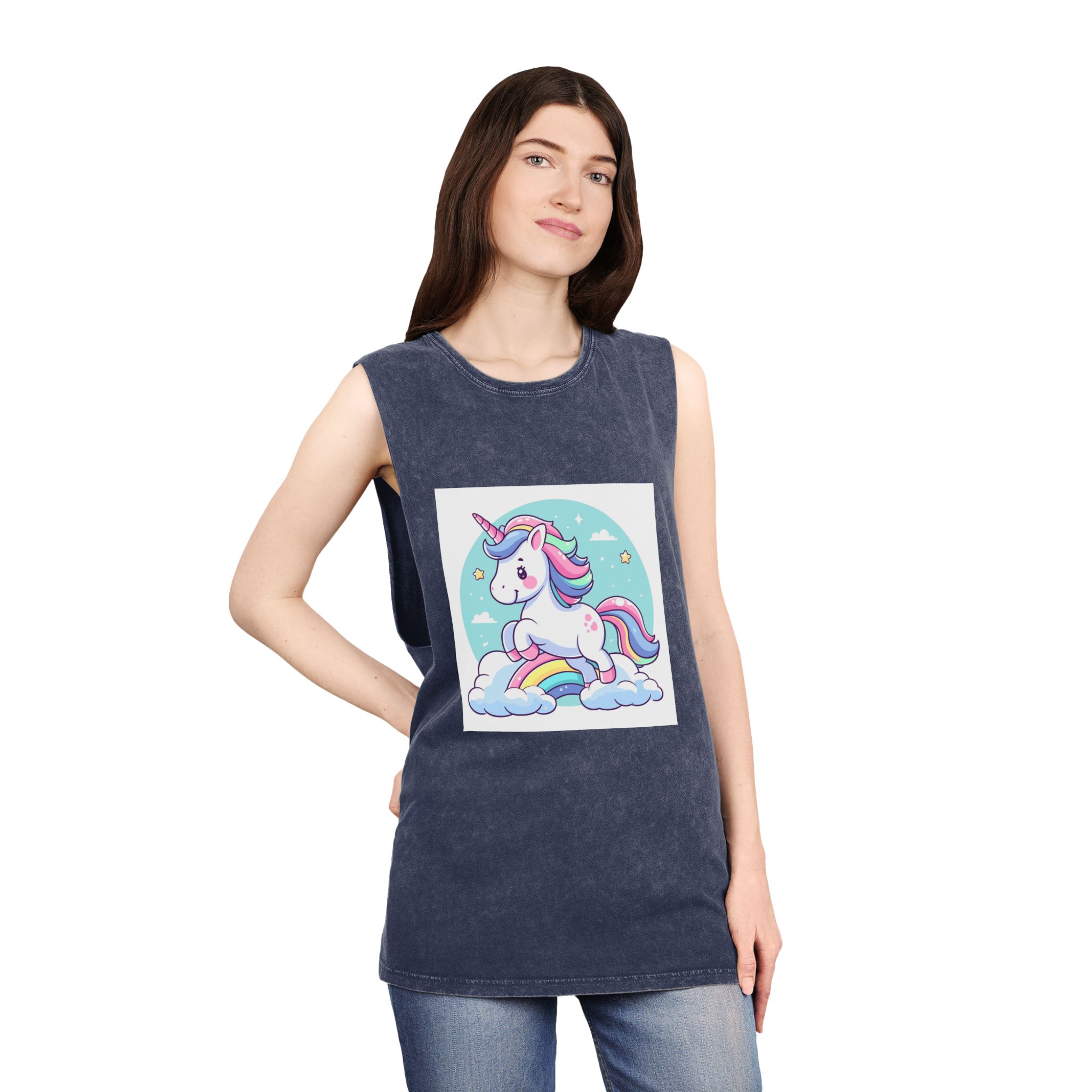 Cartoon Unicorn With Rainbow Its Tail Unisex Stonewash Tank Top - Image 16