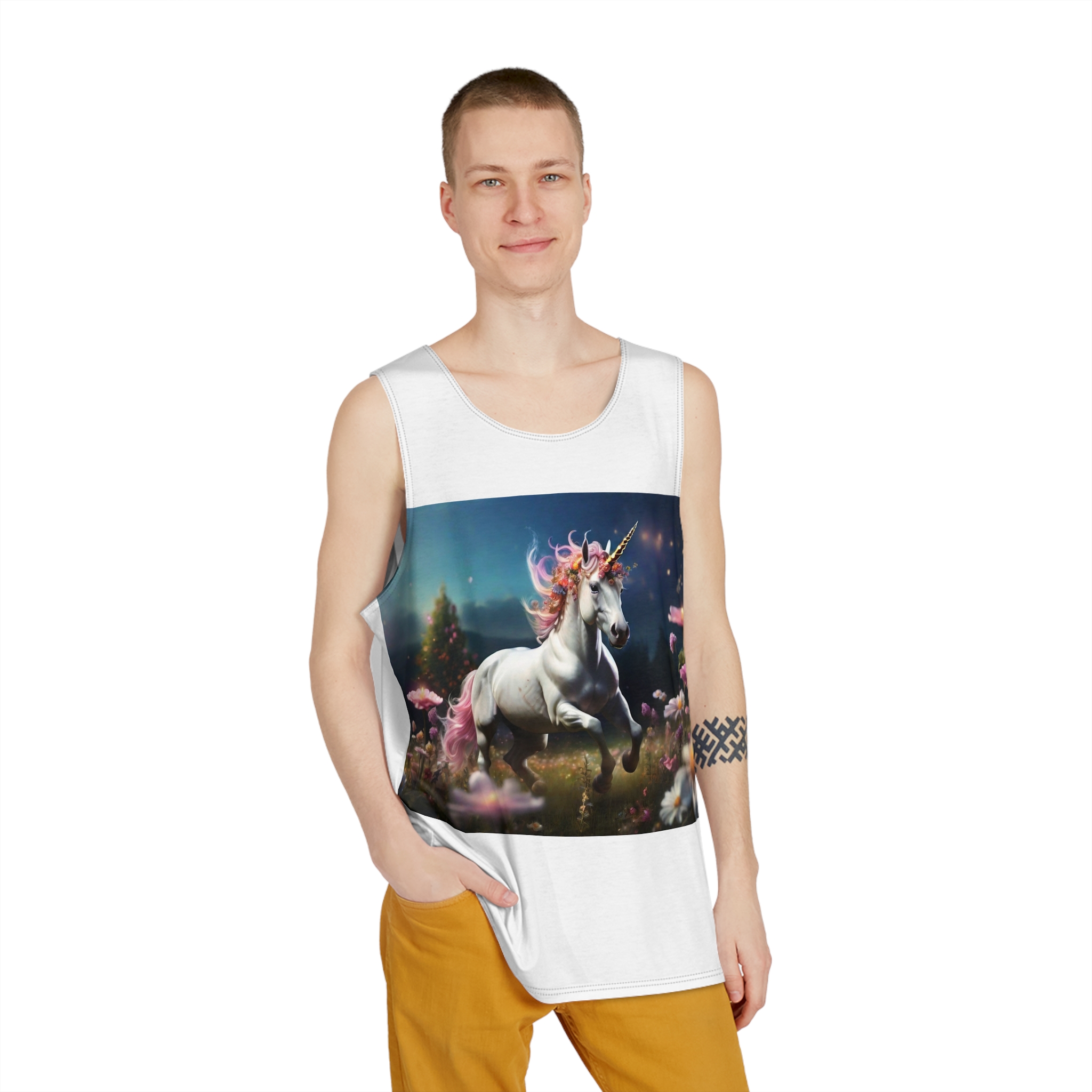 Beautiful Unicorn Running Magical Meadow Unicorn Background Images Whimsical Unicorn (23) Mens Tank Aop - Image 3