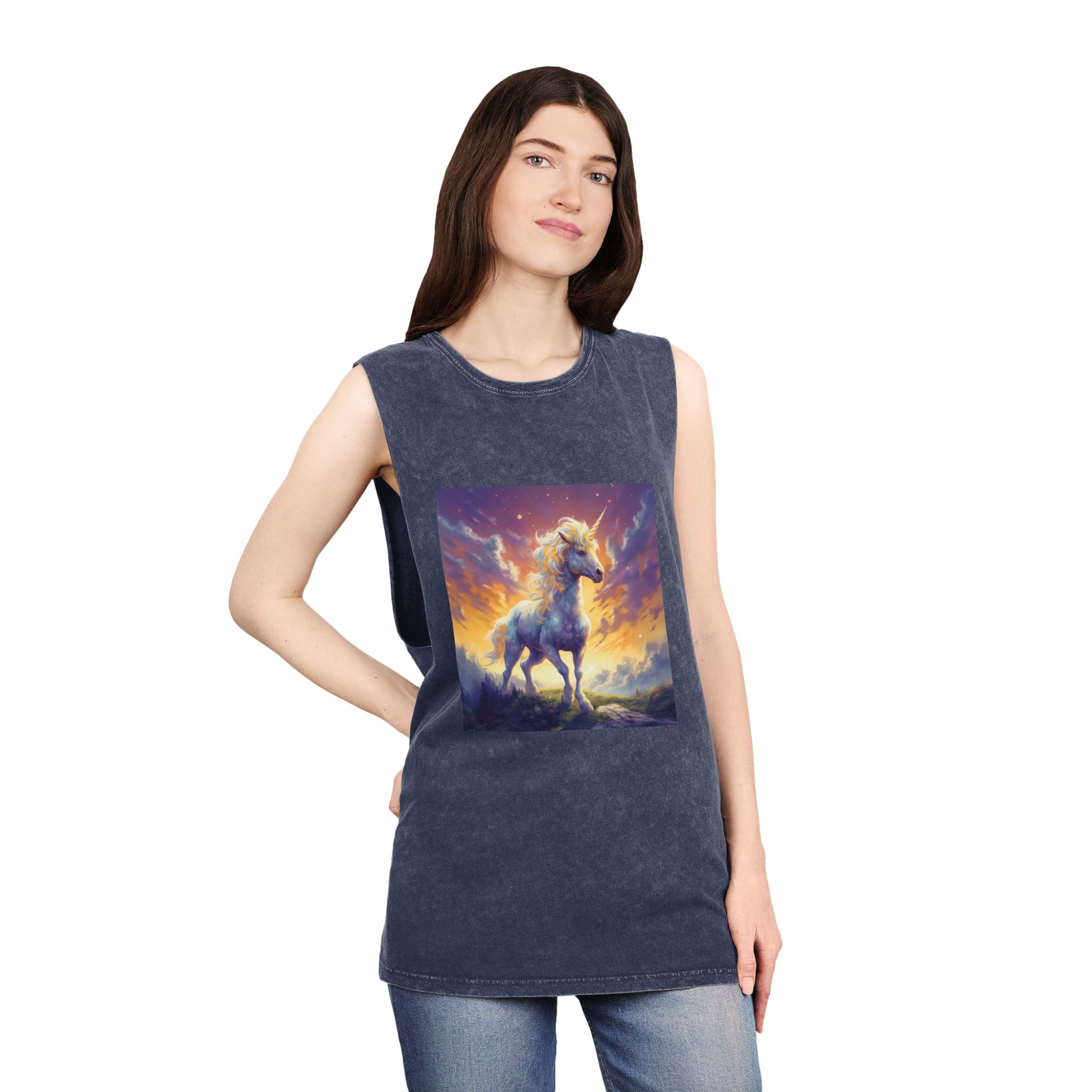 Painting Unicorn Standing Hill With Sunset Background Generative Ai (2) Unisex Stonewash Tank Top - Image 16