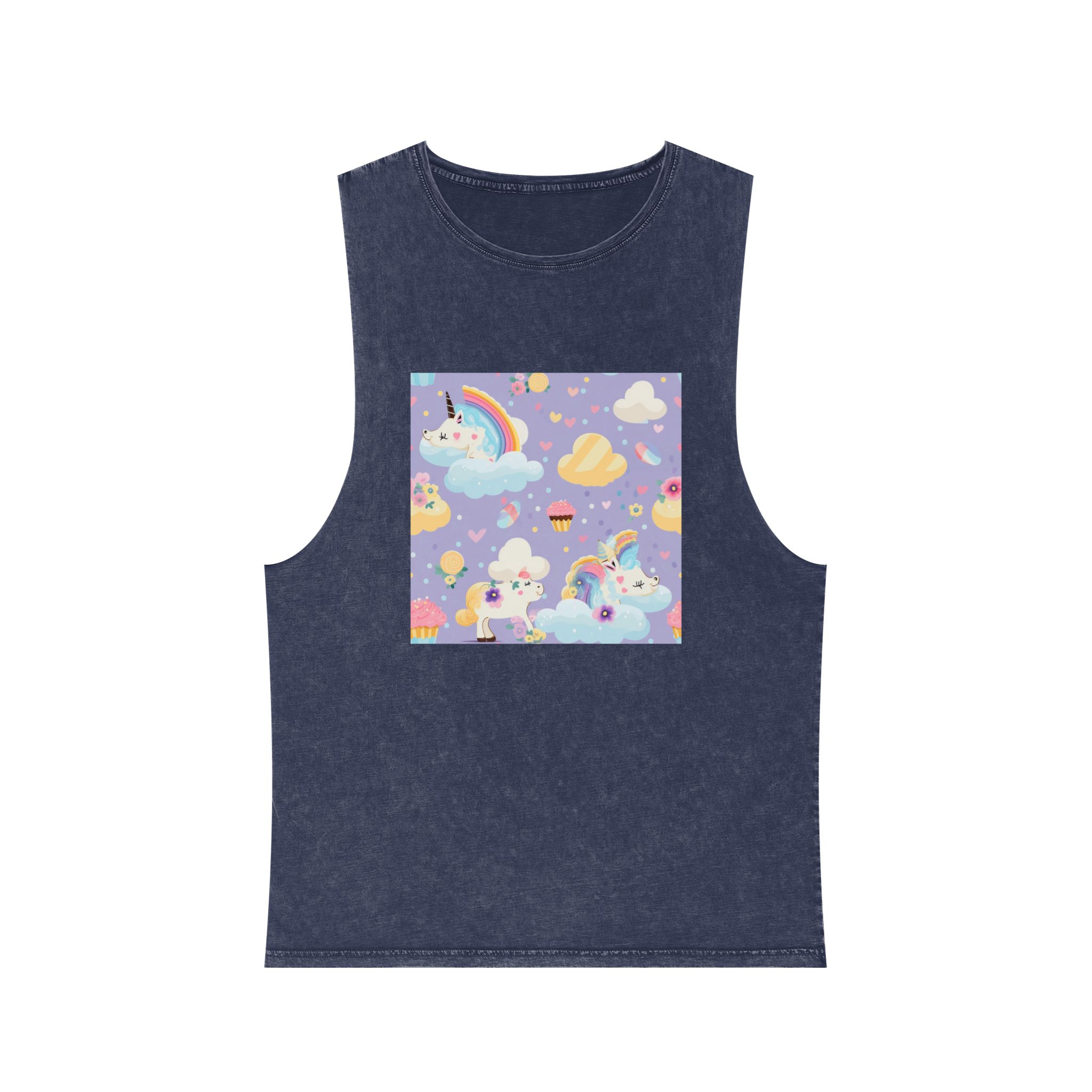 Playful Unicorns Among Flowers Clouds Rainbows Ice Creams Pastel Background (4) Unisex Stonewash Tank Top - Image 13