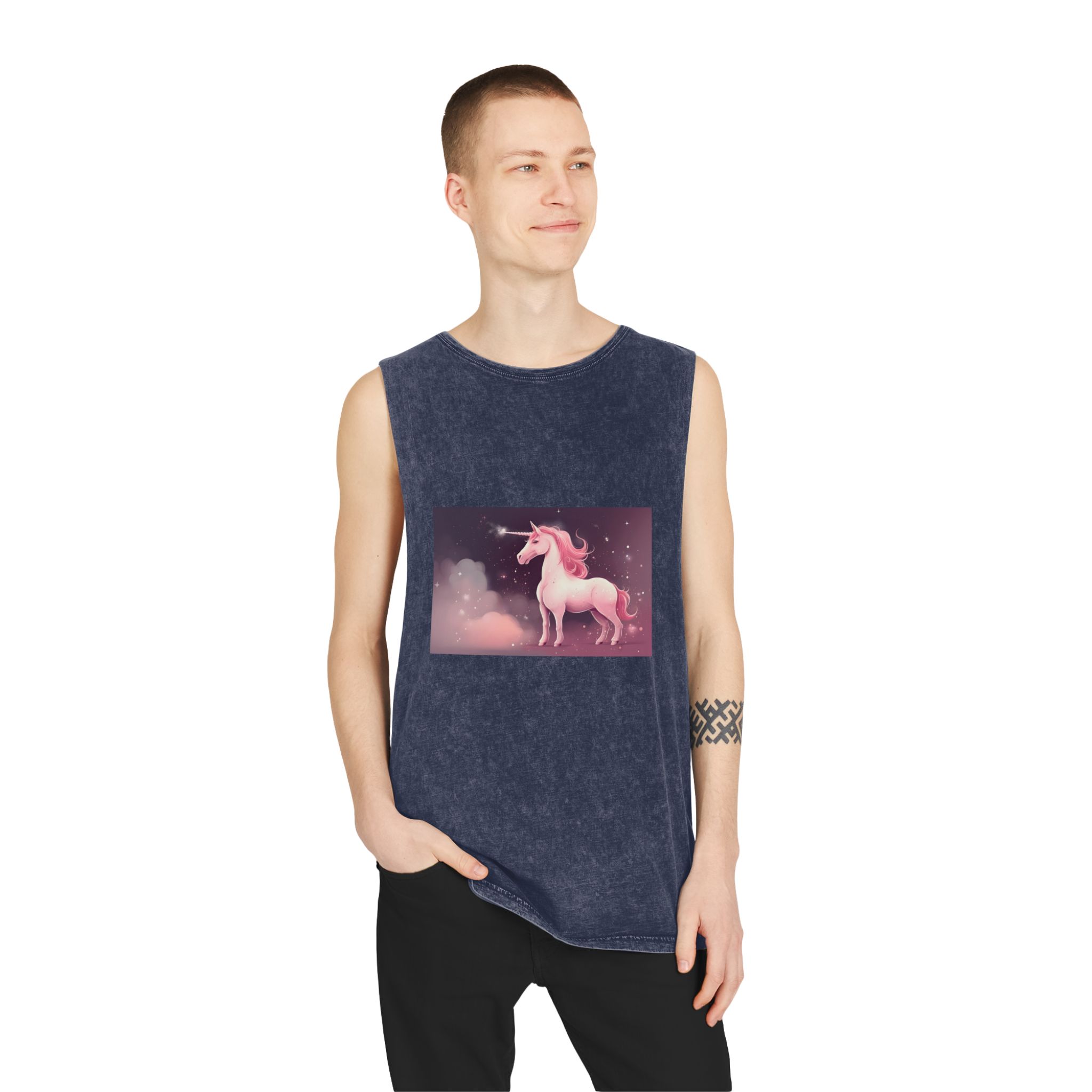 Pink Unicorn Fantastic Illustration Unisex Stonewash Tank Top - Image 15