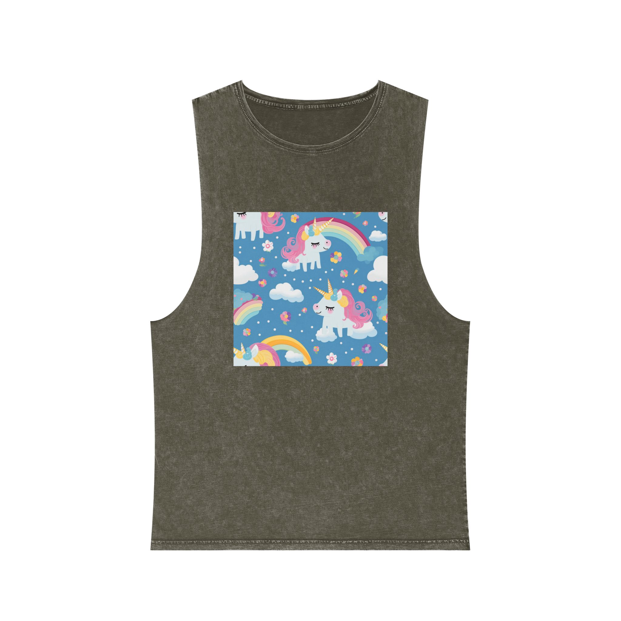 Playful Unicorns Flowers Clouds Rainbows Ice Creams Pastel Background (17) Unisex Stonewash Tank Top - Image 5