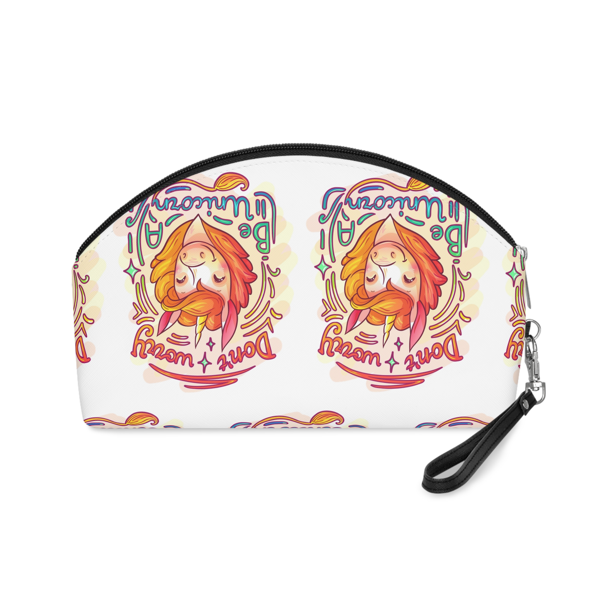 Cool Cartoon Hand Drawn Magic Horse With Lettering Worry Be Unicorn Vector Illustration Makeup Bag - Image 2