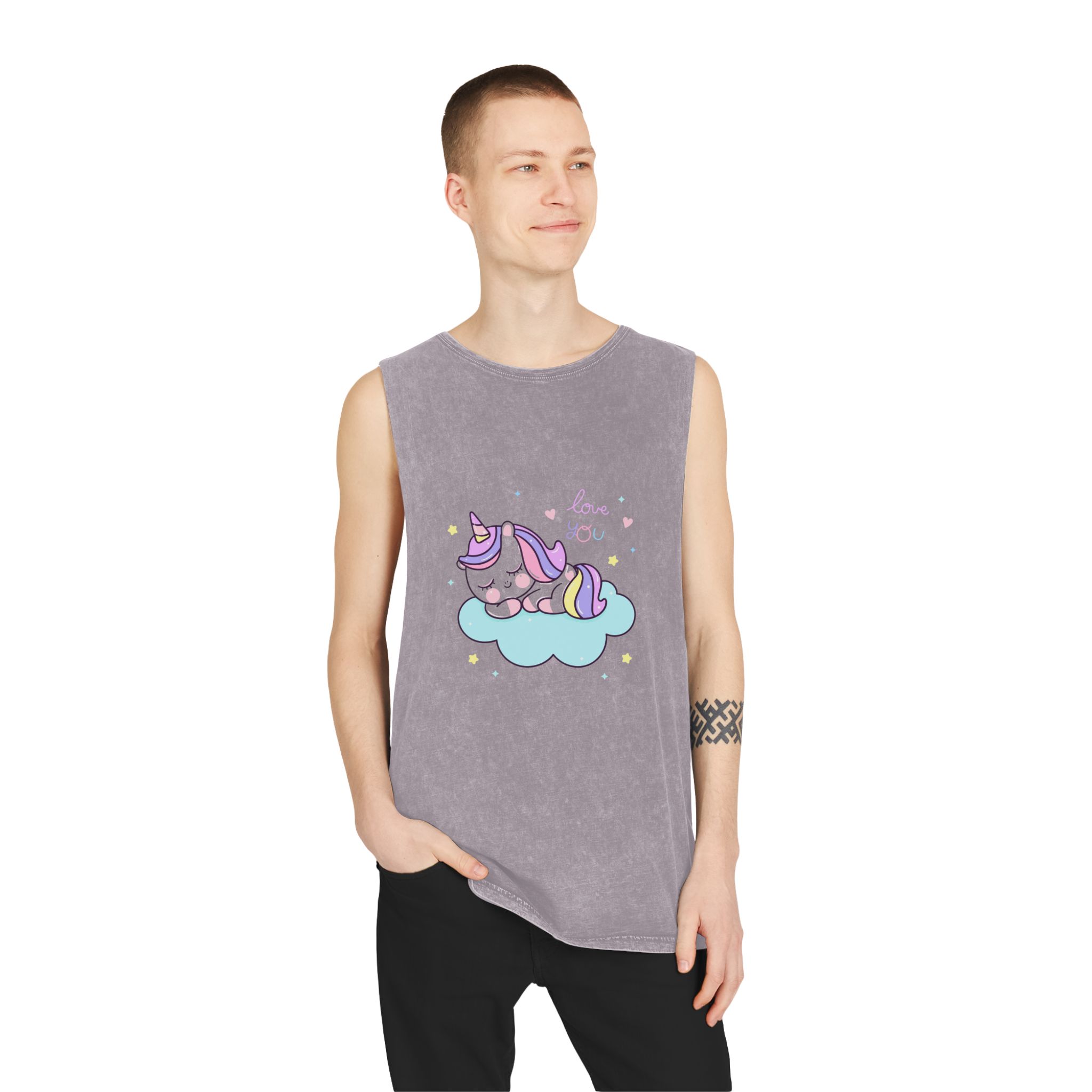Cute Unicorn Sleep Cartoon Cloud Sweet Dream Kawaii Hand Drawn Unisex Stonewash Tank Top - Image 19