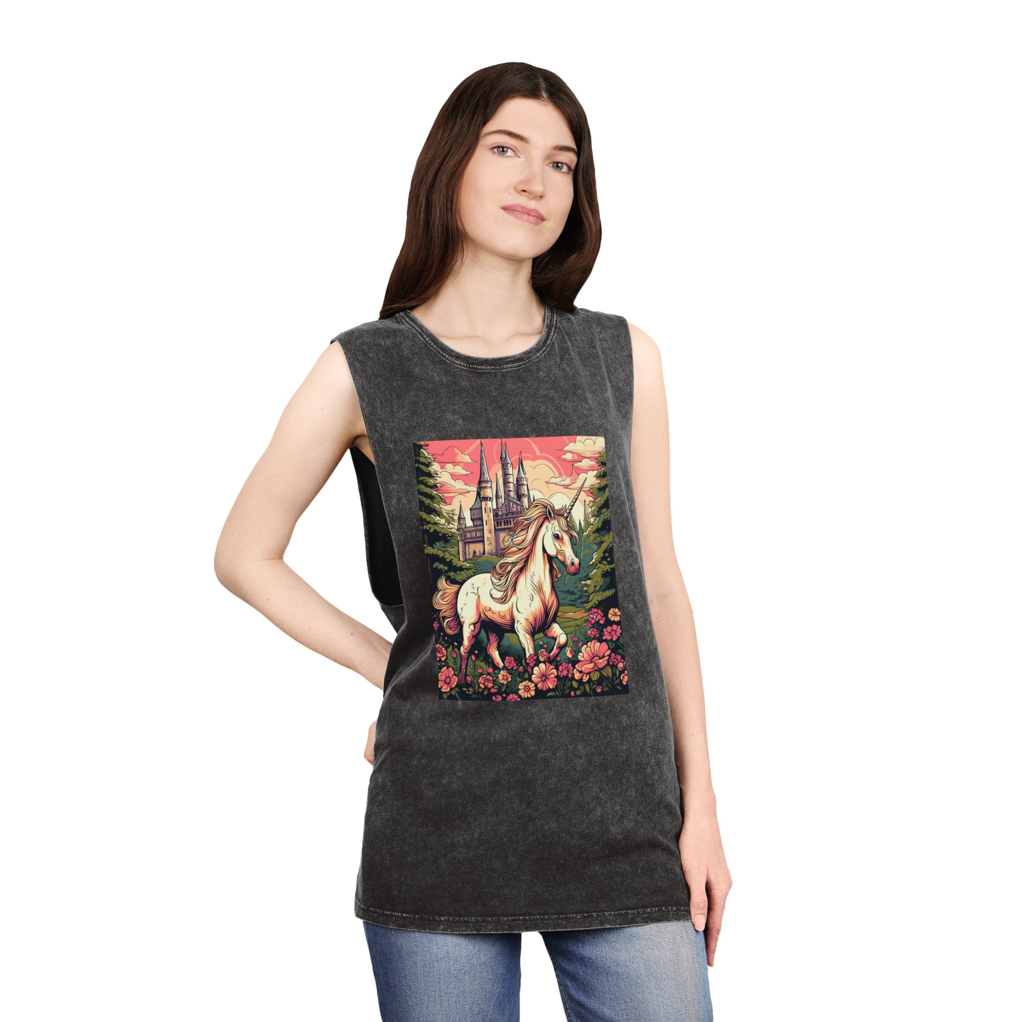 Unicorn Front Castle With Flowers Trees Generative Ai Unisex Stonewash Tank Top - Image 4