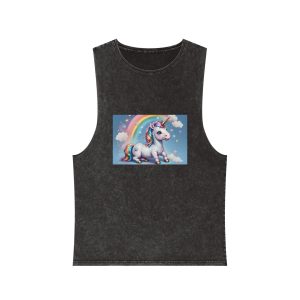 Happy Unicorn Background Sky Rainbow Unisex Stonewash Tank Top