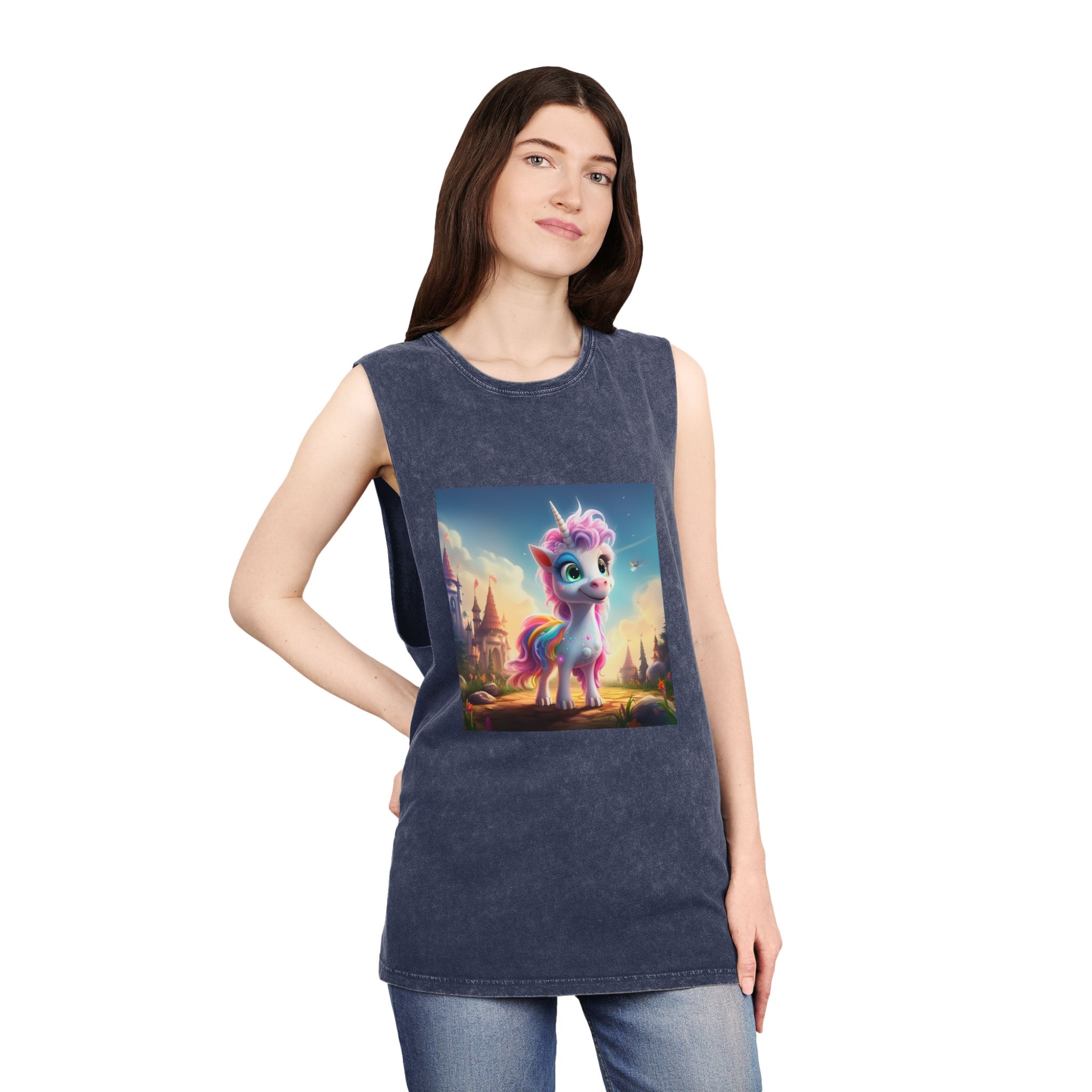 Unicorn Standing Rock Front Castle Generative Ai Unisex Stonewash Tank Top - Image 16