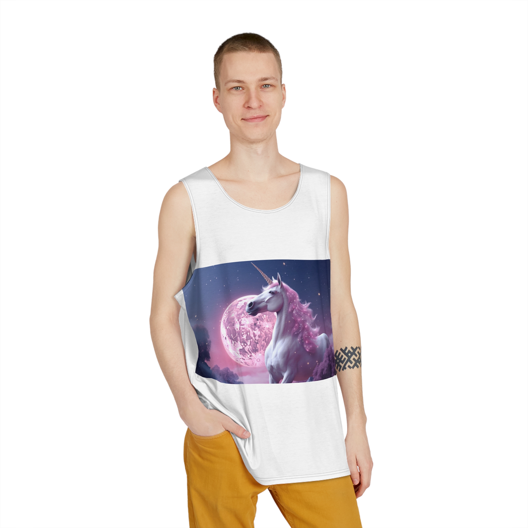 Pink Background With Unicorn Illustration Ai Generativexa Mens Tank Aop - Image 3