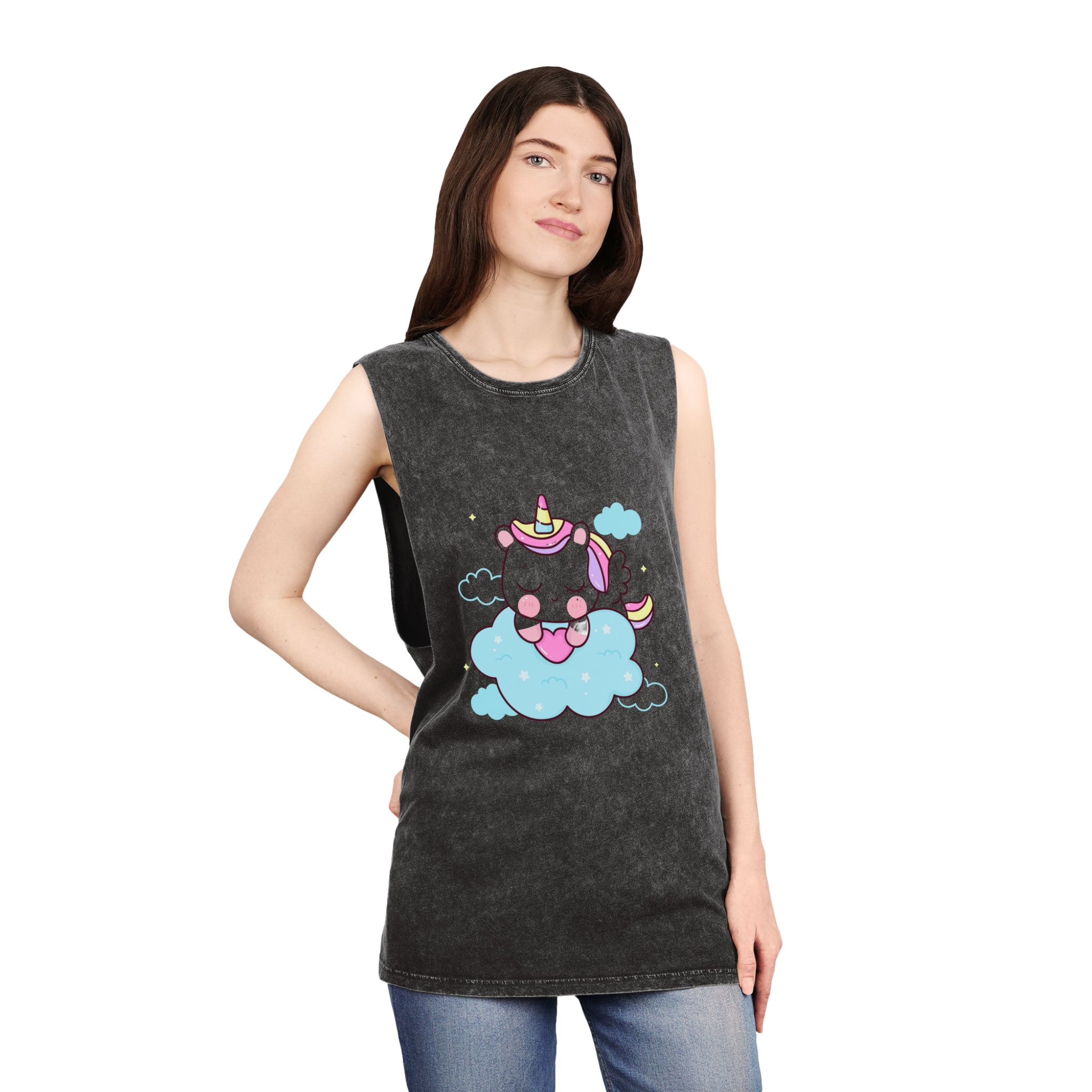 Cute Unicorn Pegasus Cartoon Sleep Holding Heart Cloud Kawaii Animal Unisex Stonewash Tank Top - Image 4