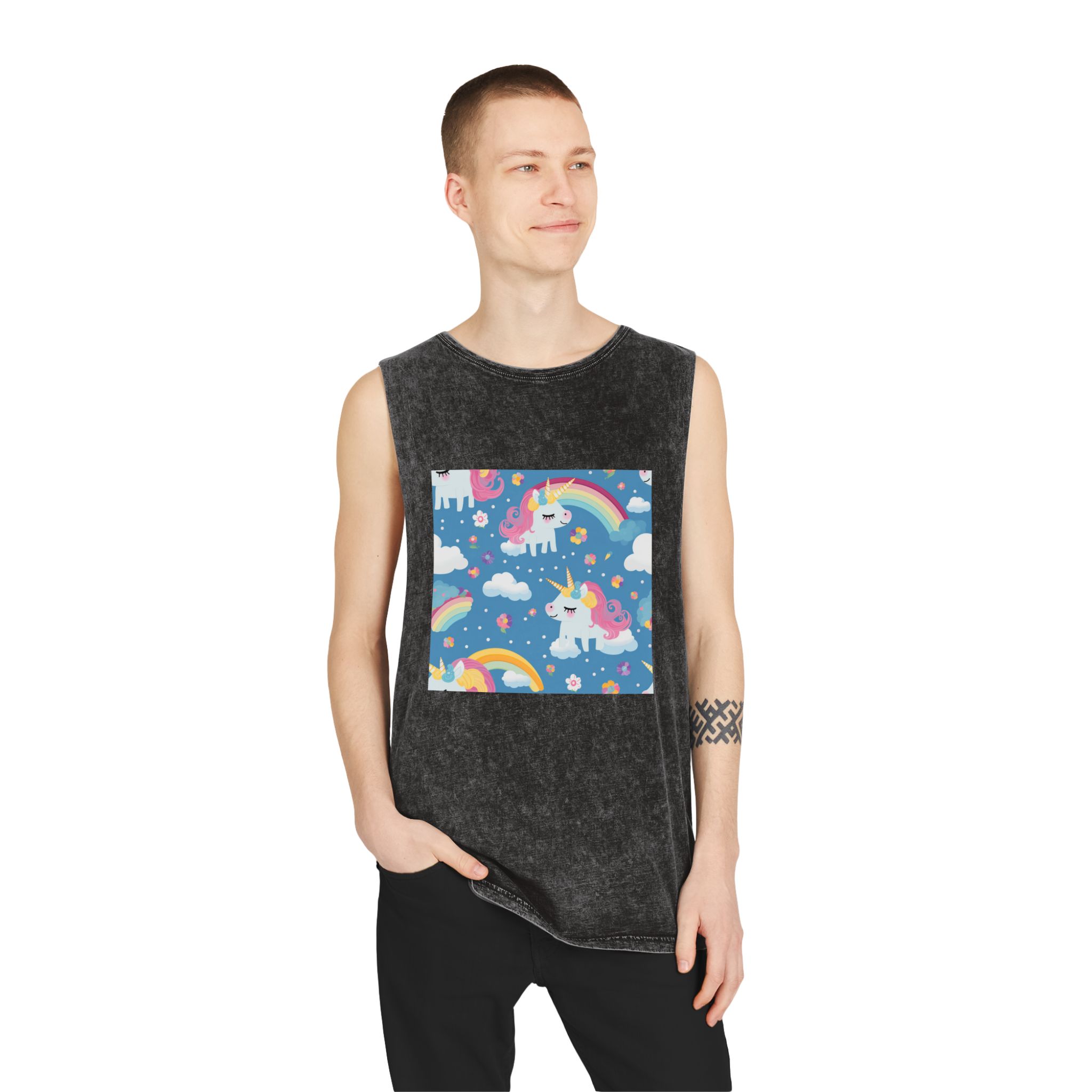 Playful Unicorns Flowers Clouds Rainbows Ice Creams Pastel Background (17) Unisex Stonewash Tank Top - Image 3