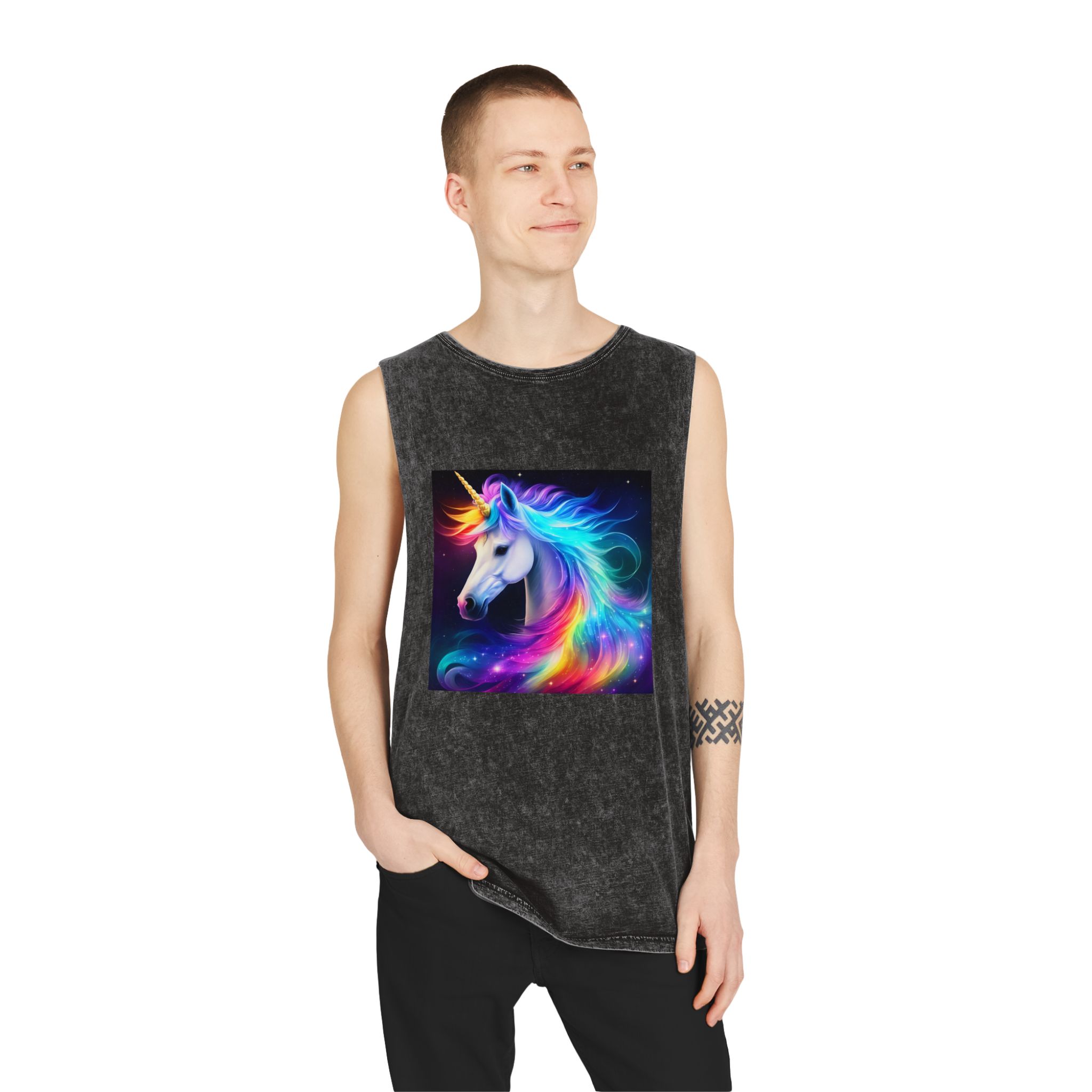 Portrait Unicorn Isolated Stars Background Generative Artificial Intelligence Unisex Stonewash Tank Top - Image 3