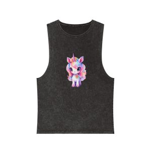 Cute Colorful Magic Unicorn With Flowers Watercolor Style (3) Unisex Stonewash Tank Top