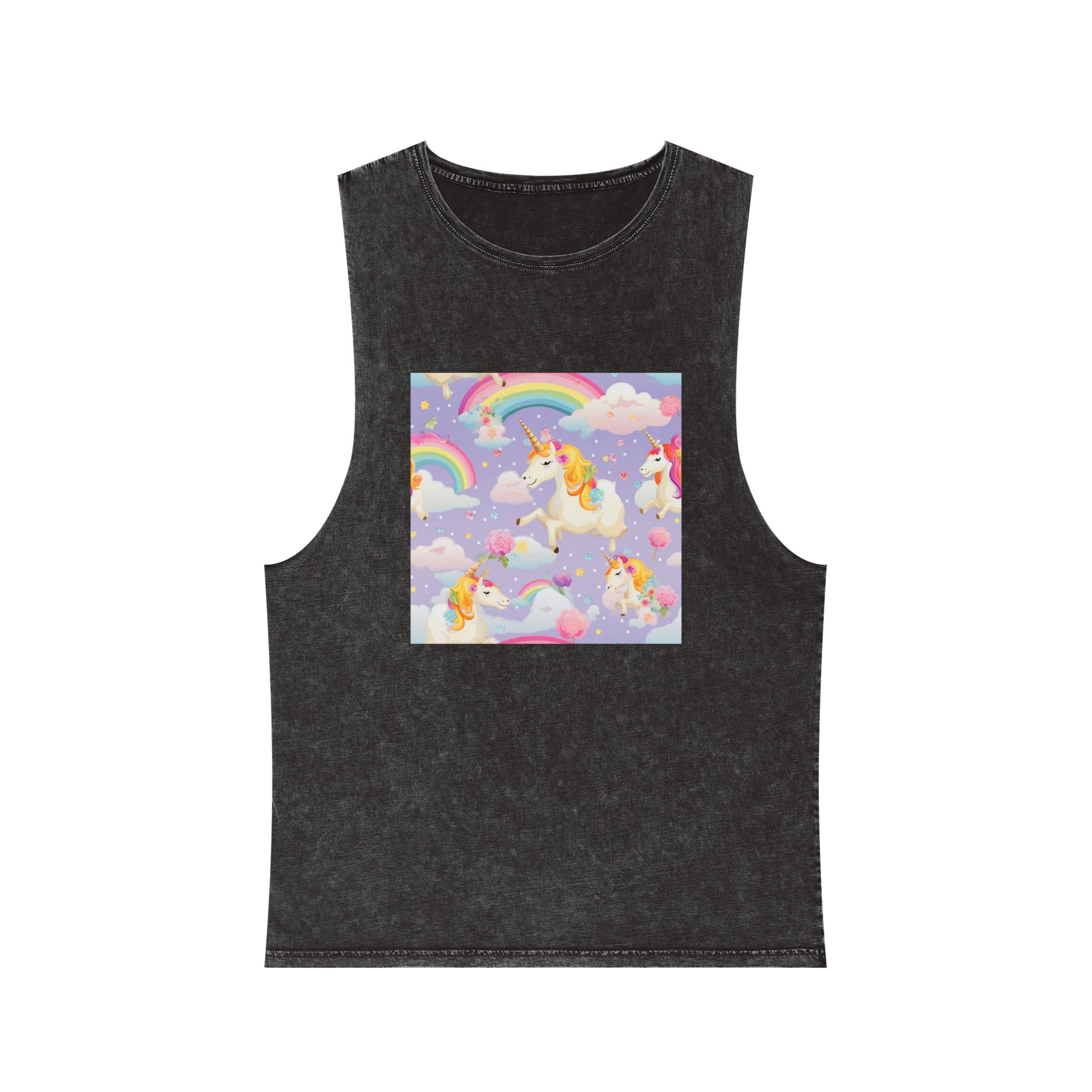 Playful Unicorns Among Flowers Clouds Rainbows Ice Creams Pastel Background (5) Unisex Stonewash Tank Top