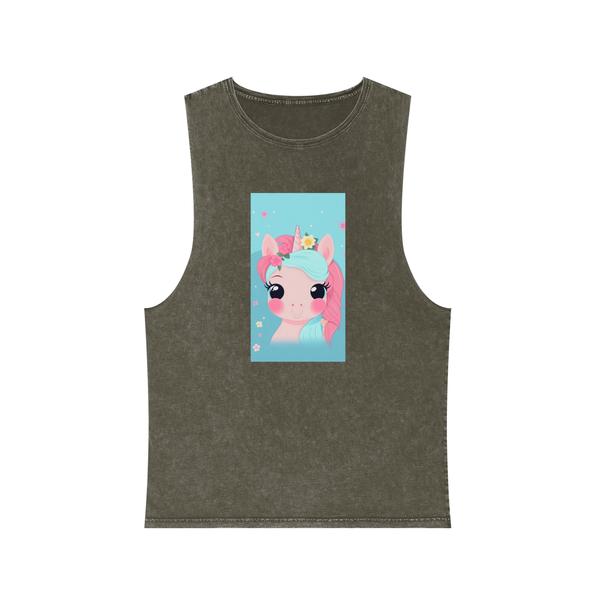 Close Up Cartoon Unicorn With Flower Crown Her Head Generative Ai Unisex Stonewash Tank Top - Image 5