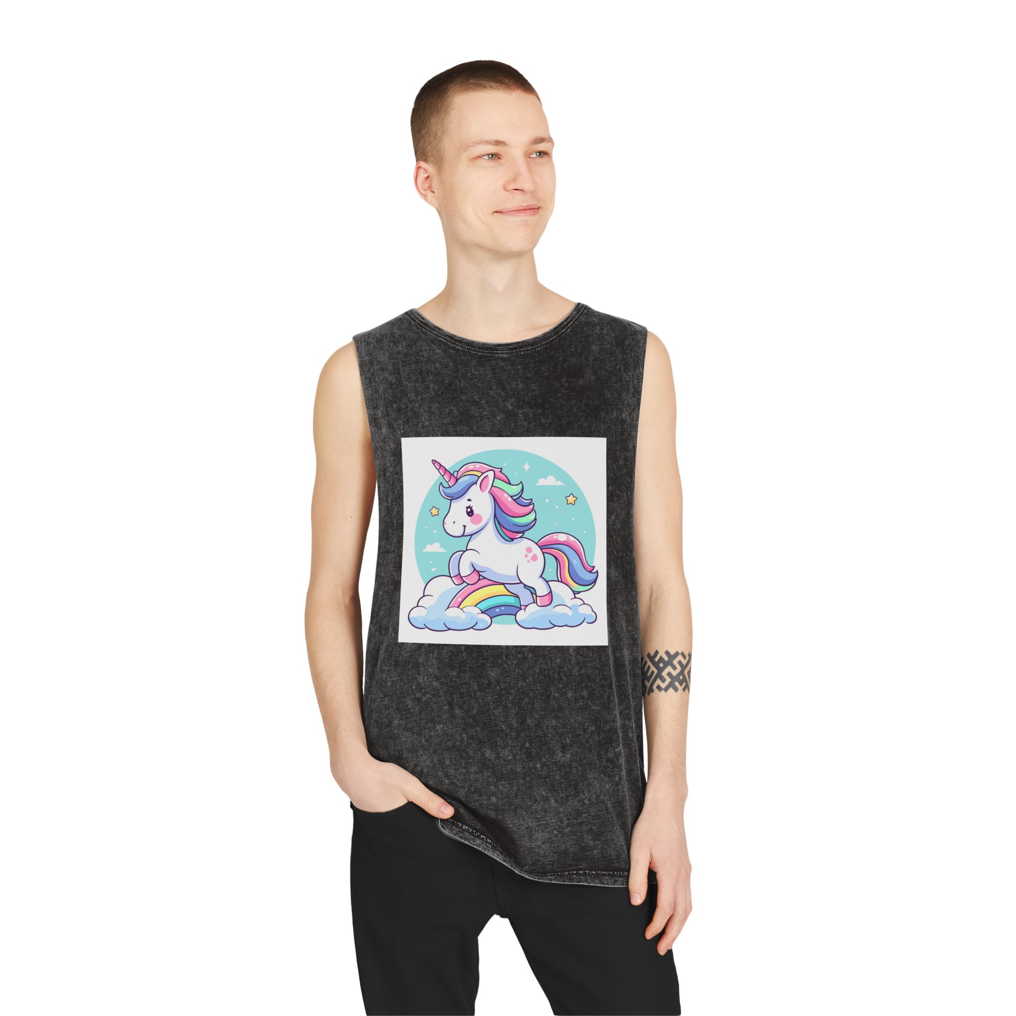 Cartoon Unicorn With Rainbow Its Tail Unisex Stonewash Tank Top - Image 3
