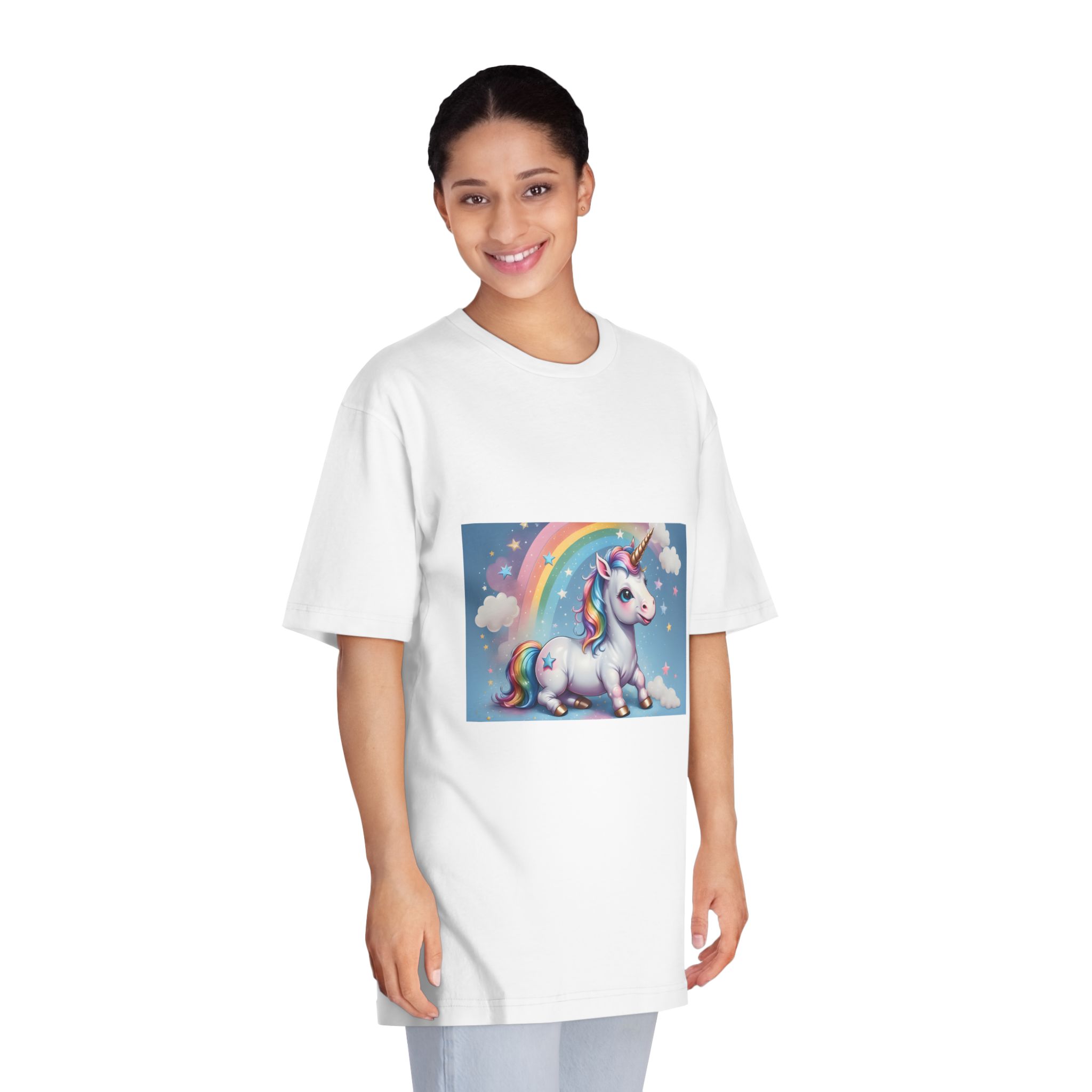 Happy Unicorn Background Sky Rainbow Unisex Classic Crewneck T Shirt - Image 3