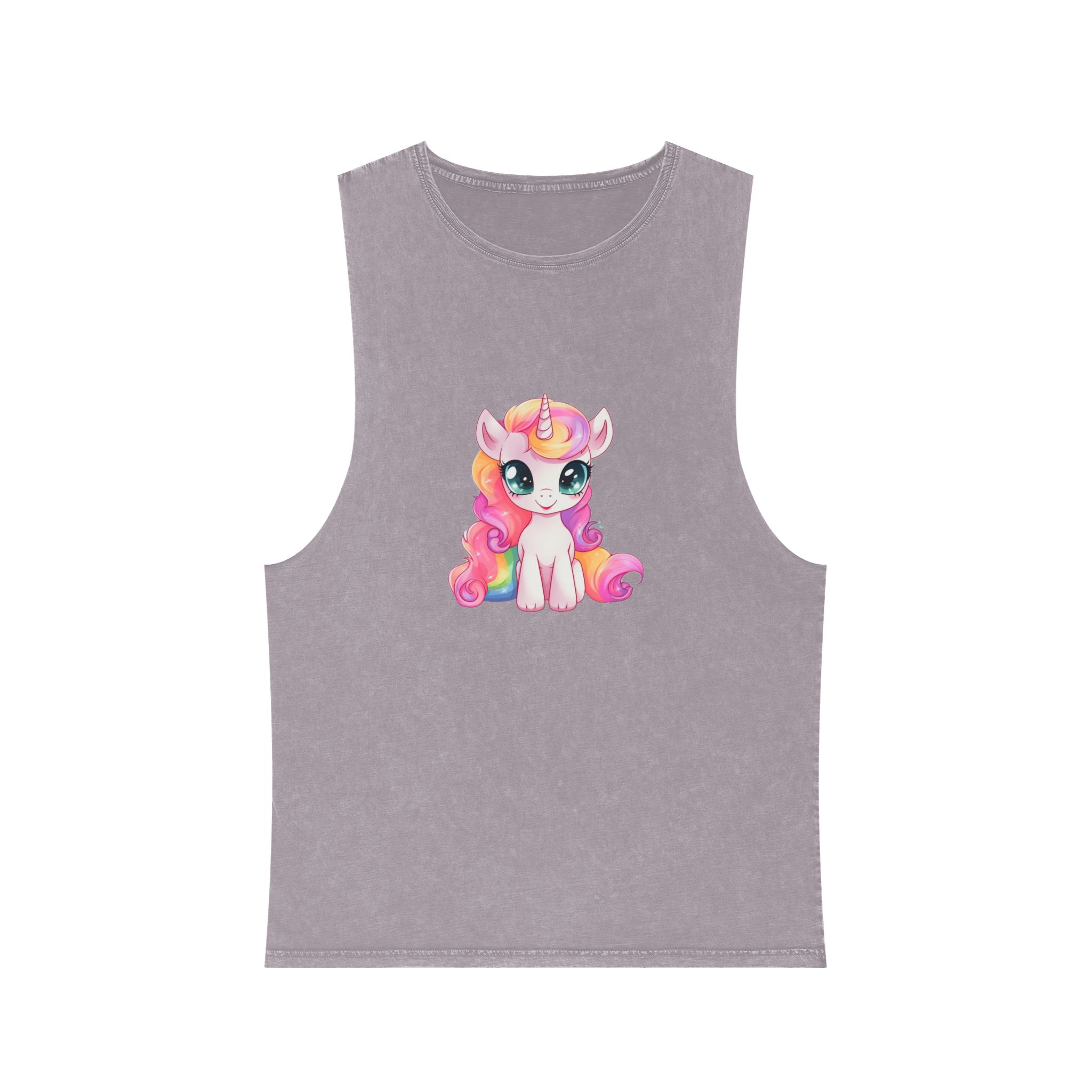 Cartoon Unicorn With Pink Hair Rainbow Mane Sitting Ground Generative Ai Unisex Stonewash Tank Top - Image 17